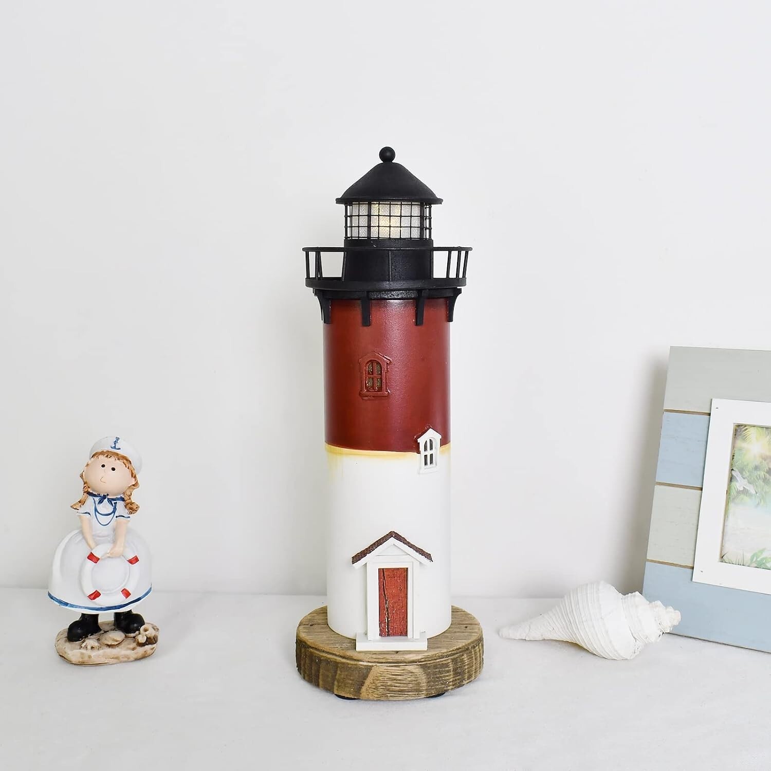 Wooden Lighthouse with Lights Nautical Tabletop Figurine (Red)