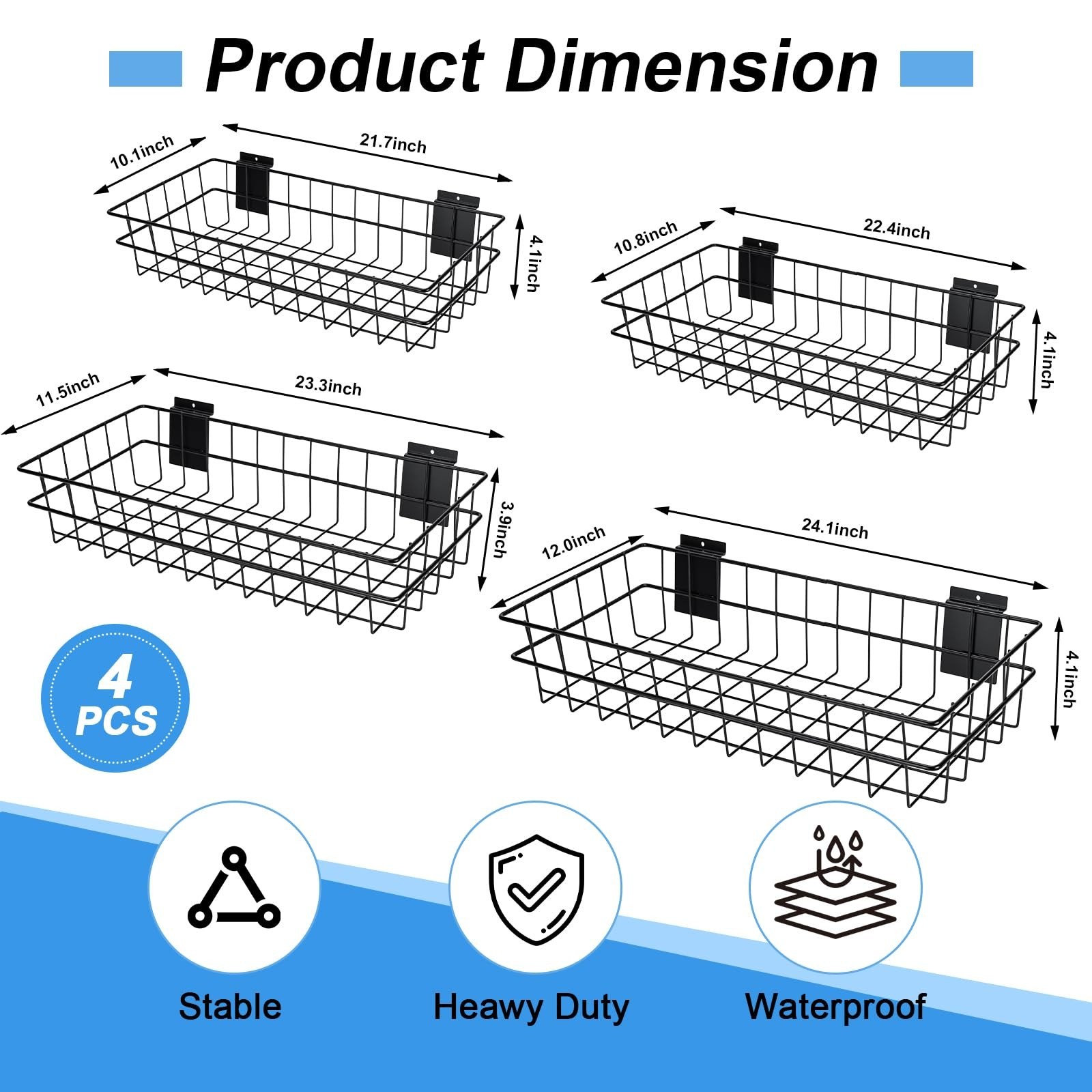 24-Inch Multi-Size Slatwall Basket Set, 4 Pack Slatwall Accessories Organizer…