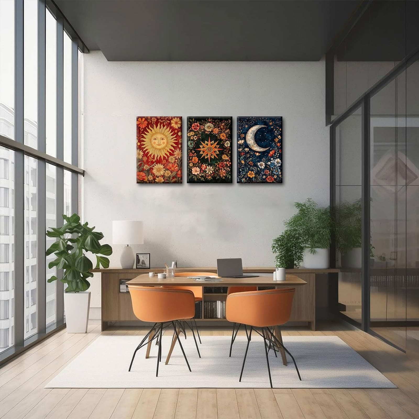 3Pcs Tarot Canvas Wall Art Sun And Moon Celestial painting Decor Pictures Ast…