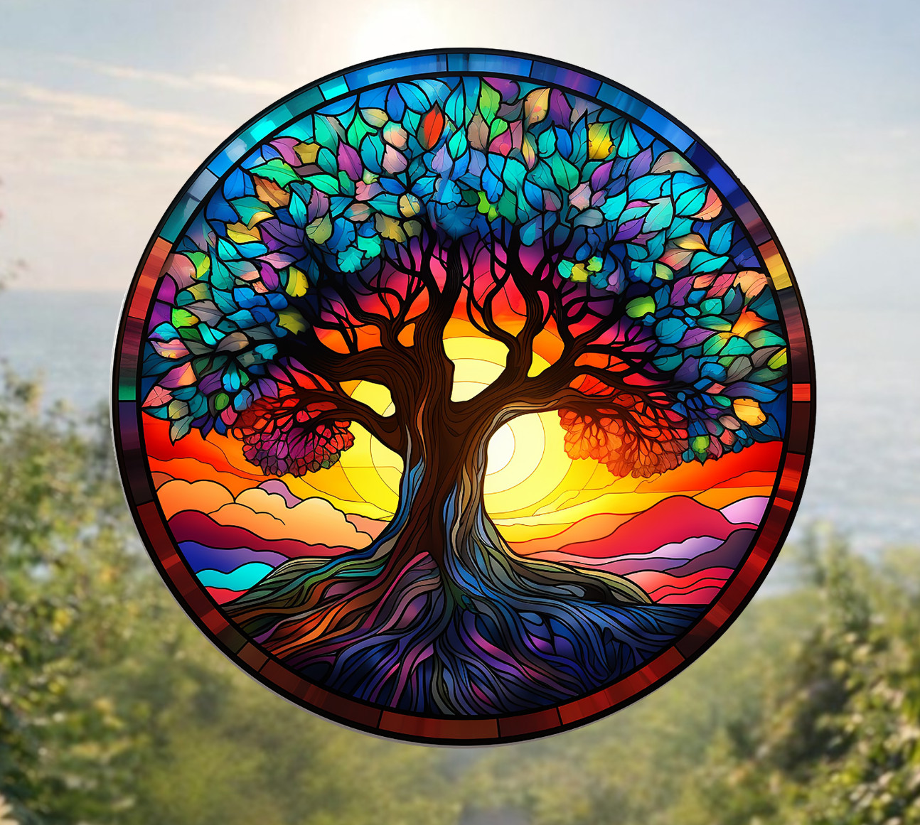 Tree of Life Round Faux Stained-Glass WINDOW CLING Size 8" Round Vinyl