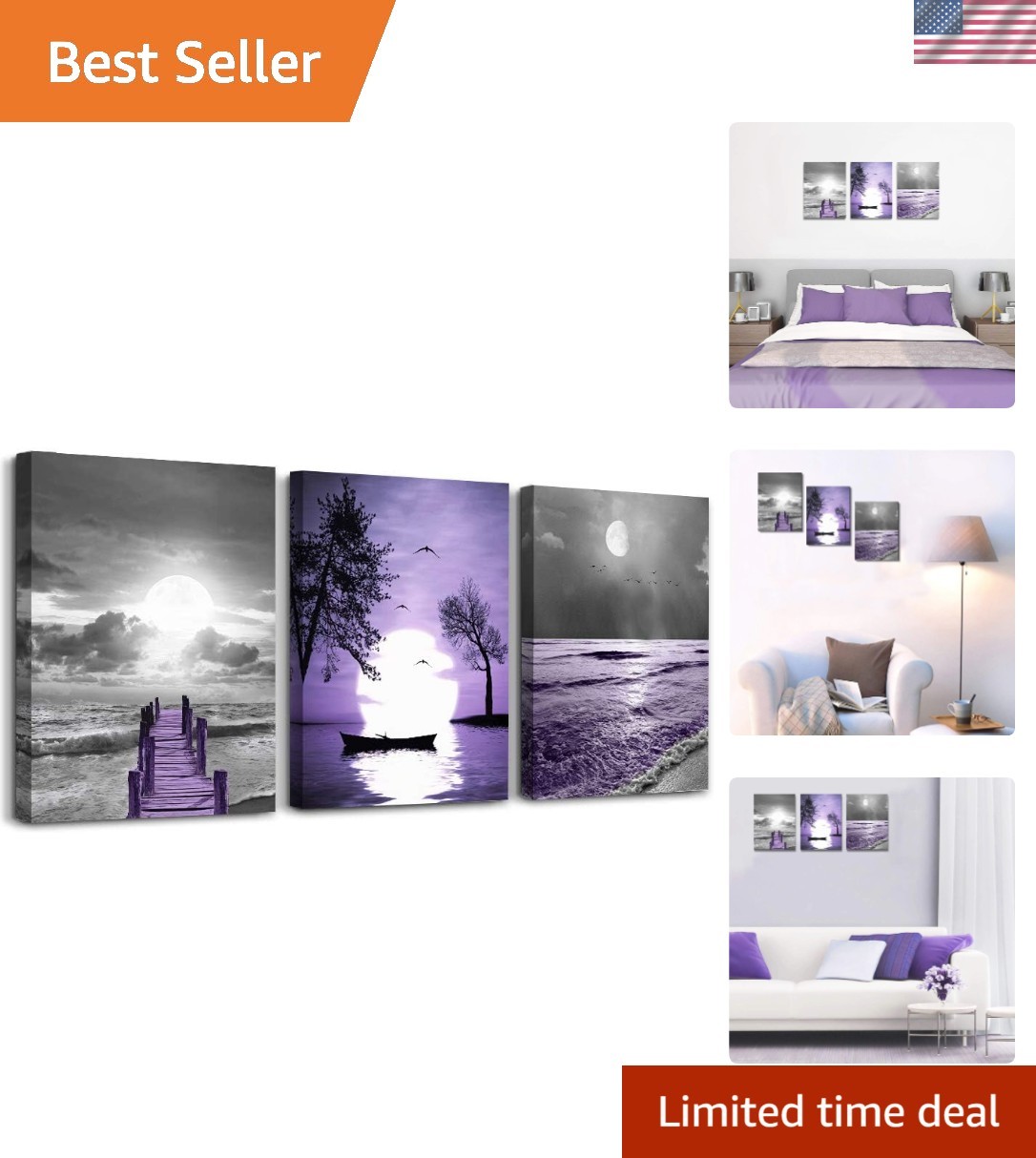 Contemporary 3-Piece Canvas Wall Decor – Vibrant Purple Seascapes for Home