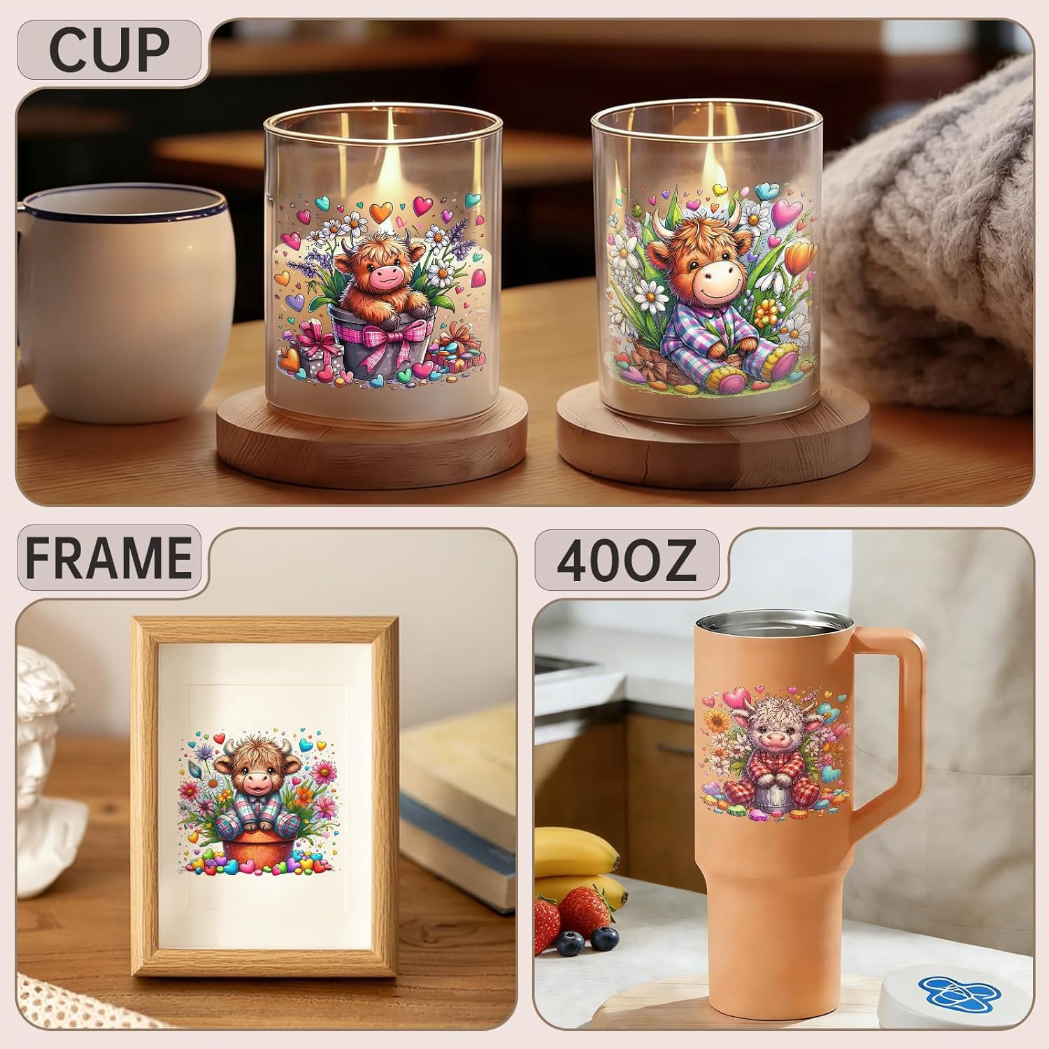 12 PCS UV DTF Cup Wrap Stickers, (Highland Cows Rub on Transfers for Crafts, Per