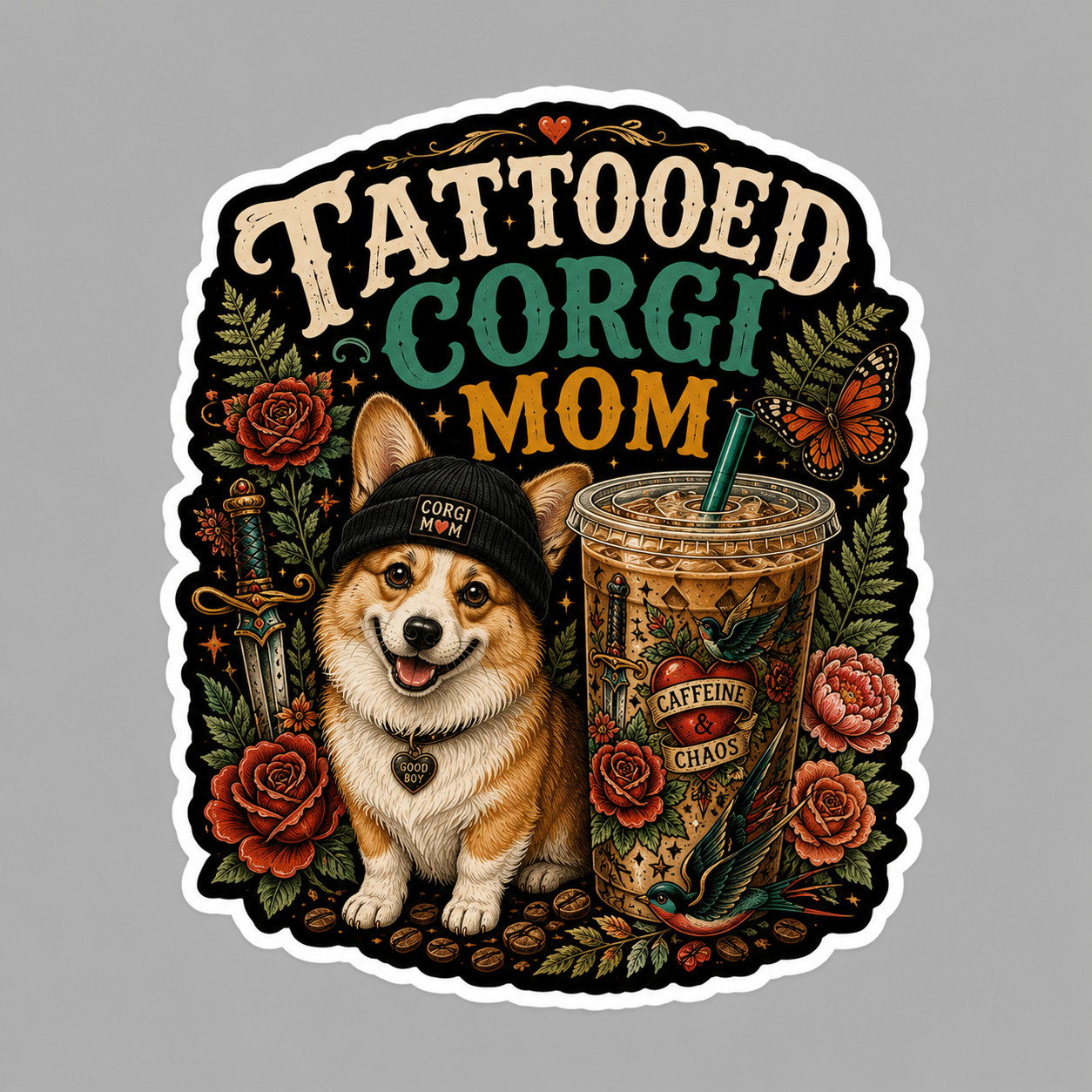 Corgi Sticker Vinyl Decal Tattooed Corgi Mom Coffee Tattoo Dog Lover Gift