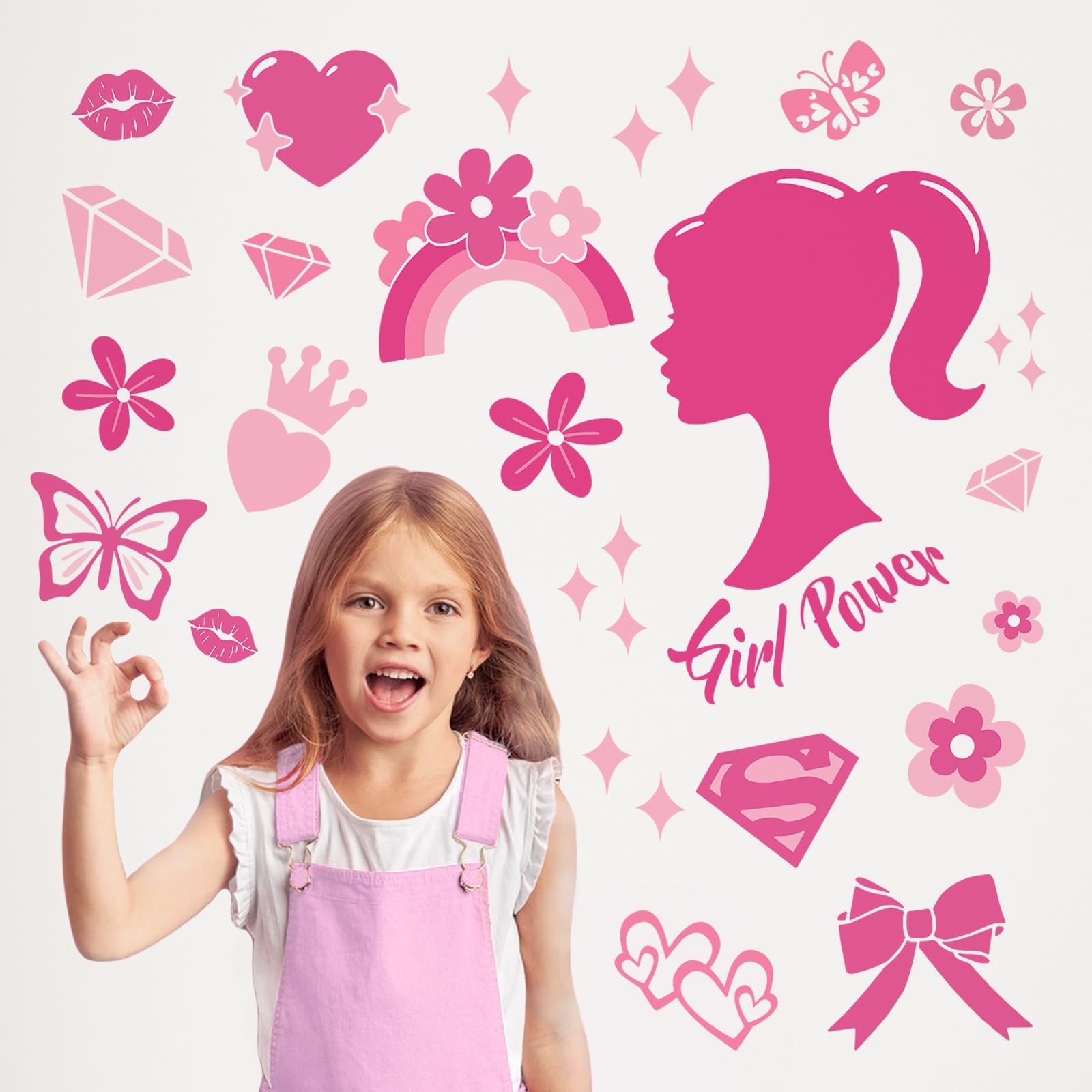 Pink Girl Power Wall Decals Stickers, Inspirational Rainbow Bow-Knot