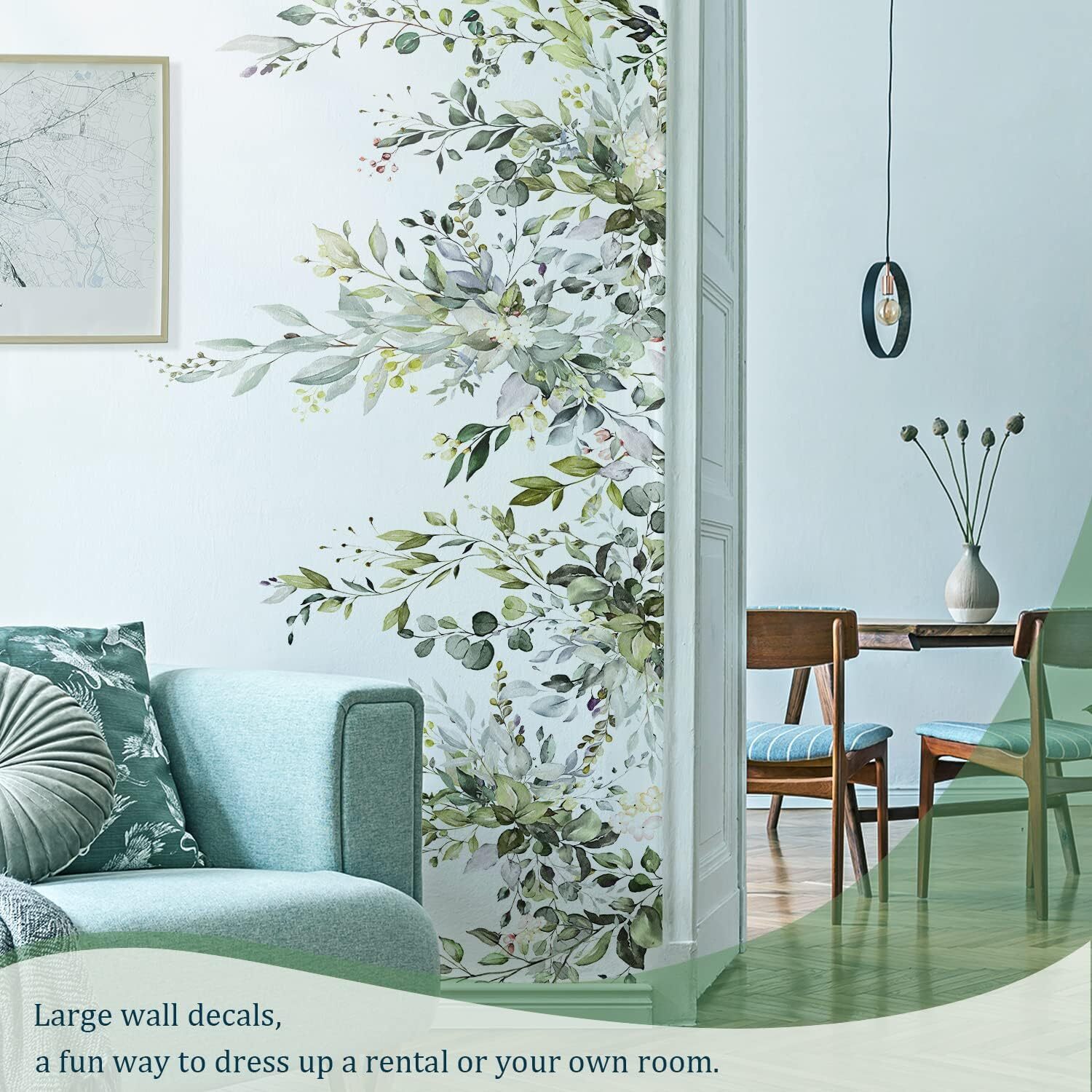Green Plants Leaves Wall Decals Peel and Stick, Large Floral Flowers