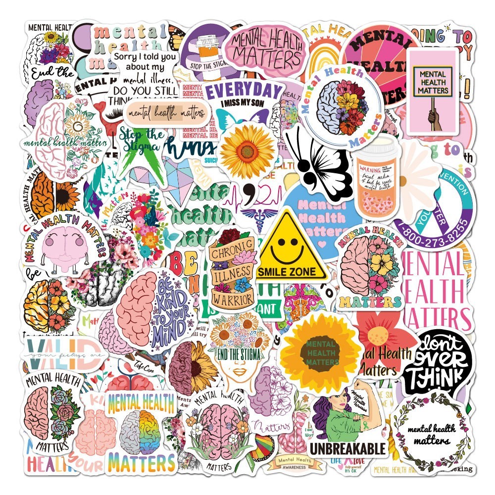 100pcs Mental Health Stickers | Positive Quotes Brain Art | Laptop Water Bottle