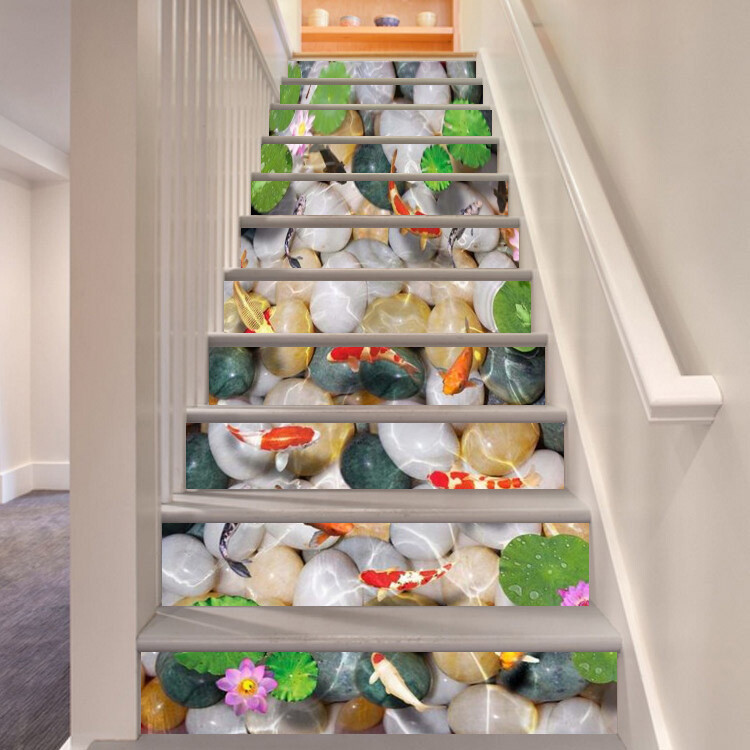 3D Pebbles Fish ZHU025 Stairs Risers Decoration Photo Mural Vinyl Wallpaper Amy