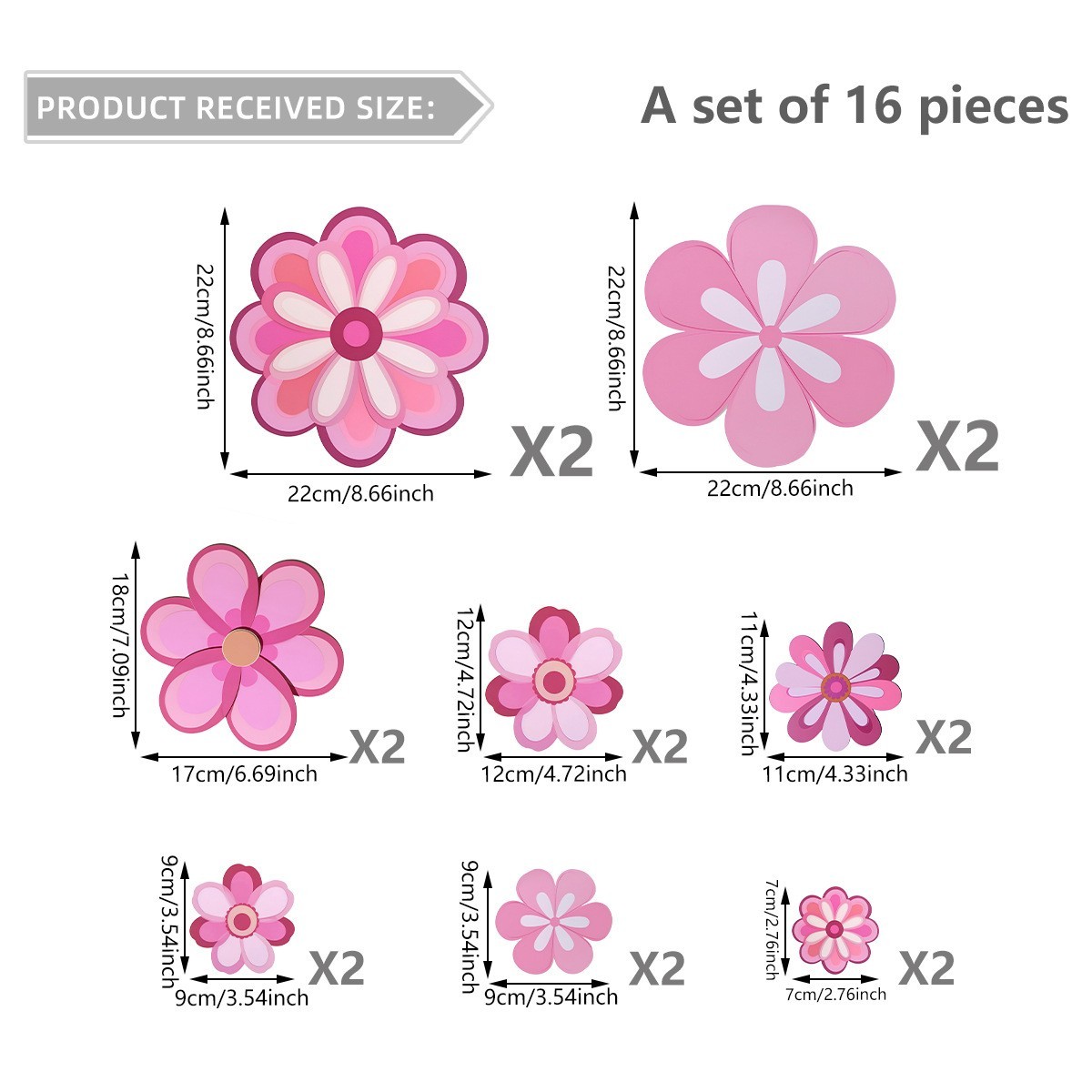 Pink Flower Wall Stickers 16pcs Waterproof Vinyl Decals for Nursery Bedroom