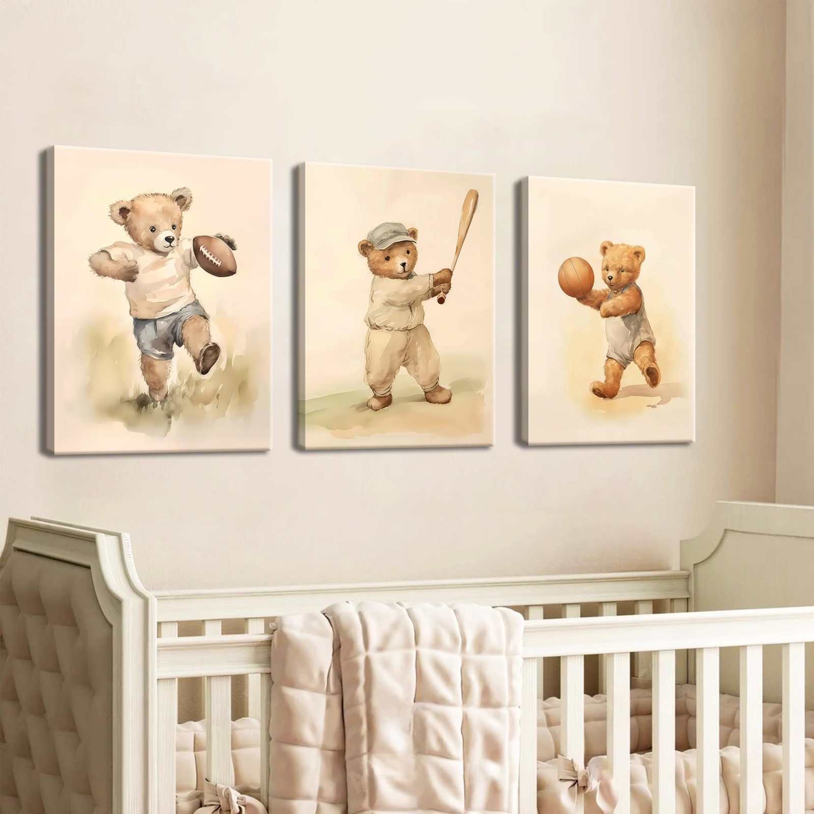 Bear Rugby Sports Nursery Canvas Wall Art Set of 3 – Cute Vintage Baby Bear P…