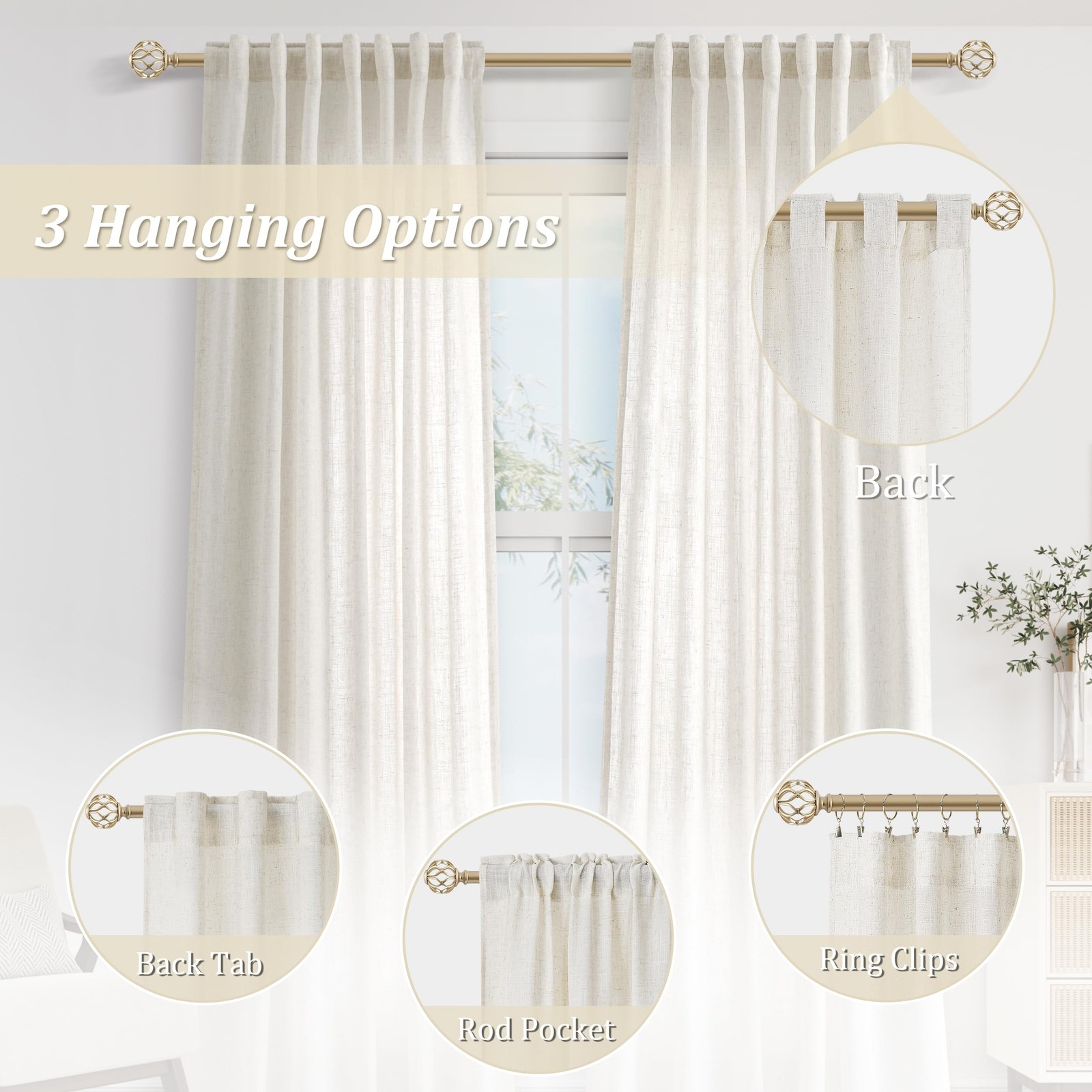 Guken Natural Cream Linen Curtains 120 inches Long for Living Room Bedroom 1 …