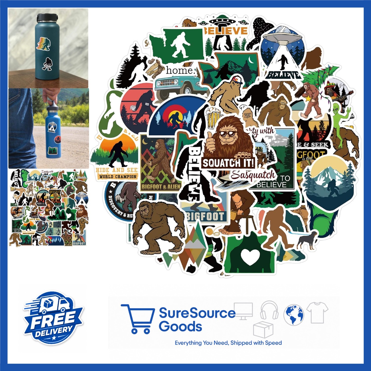 50 Count Bigfoot Stickers Variety Pack for Water Bottles, Laptops, Skateboards