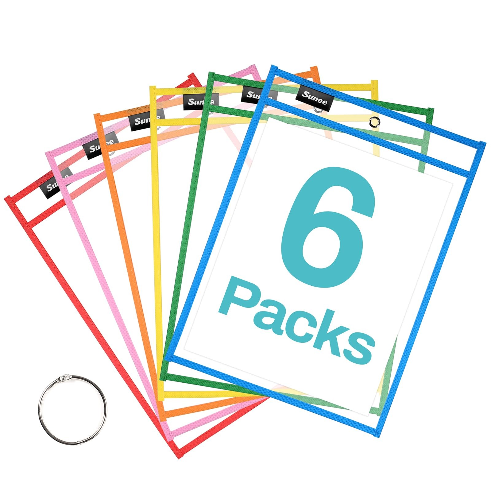 SUNEE 6 Packs Oversized Reusable Dry Erase Pocket Sleeves with Binder Ring, 6 As