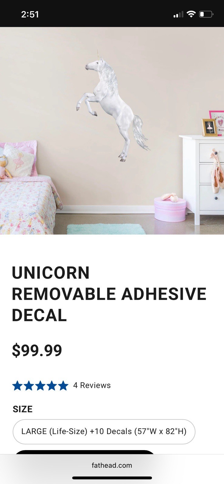 Fathead Unicorn Removable Adhesive Decal Set (3 Decals)