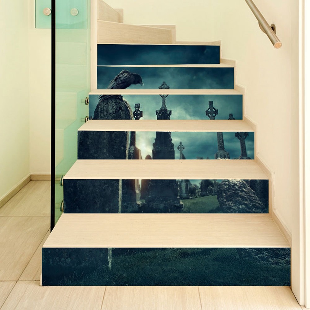 Halloween 3D Waterproof Stair Wall Crow Tombstone Stickers Home Party Decora FFW