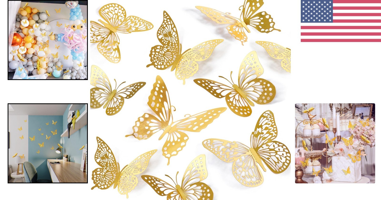 48 Pcs 3D Butterfly Wall Stickers Gold Art Deco Decorations for Nursery
