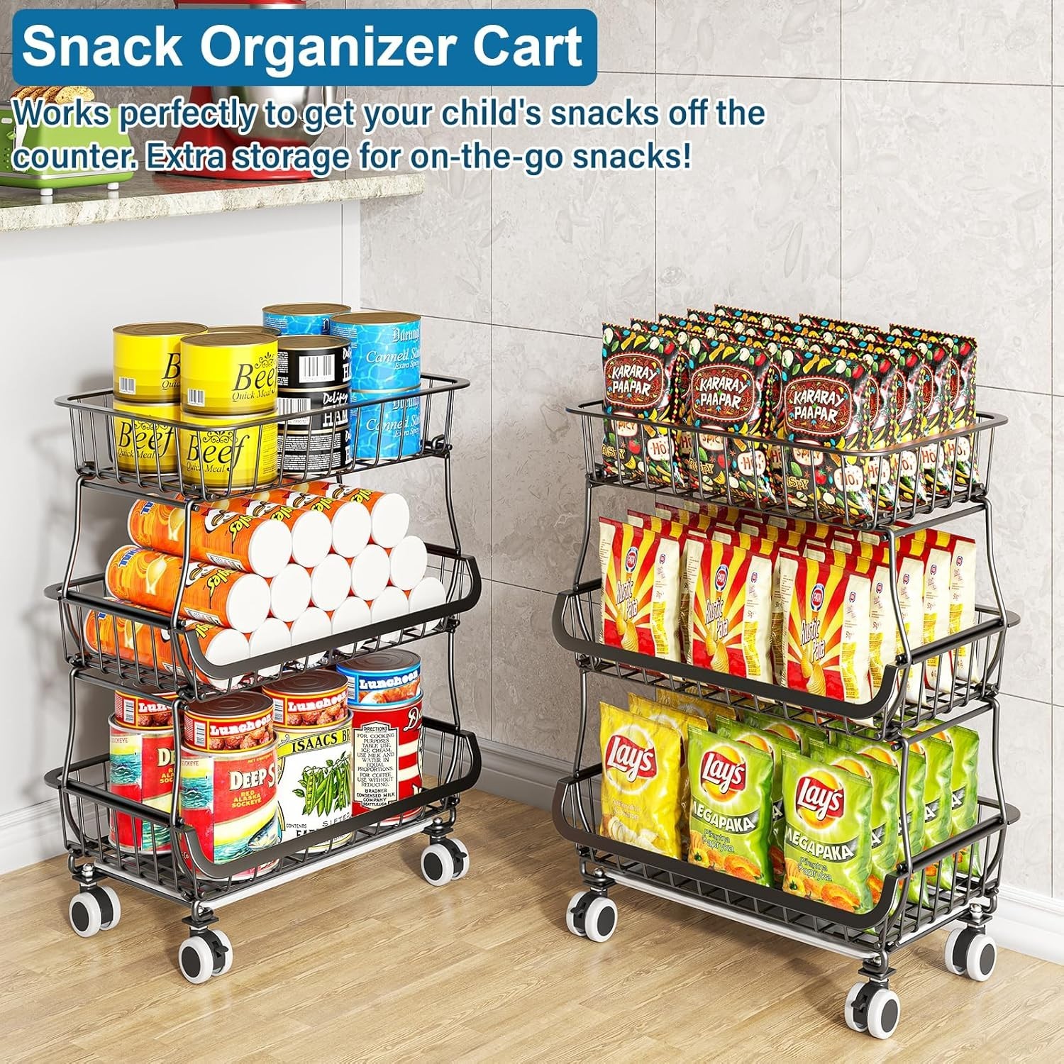 Pantry Storage Cart Fruit Basket Stand 3 Tier Stackable Wire Basket Organizer