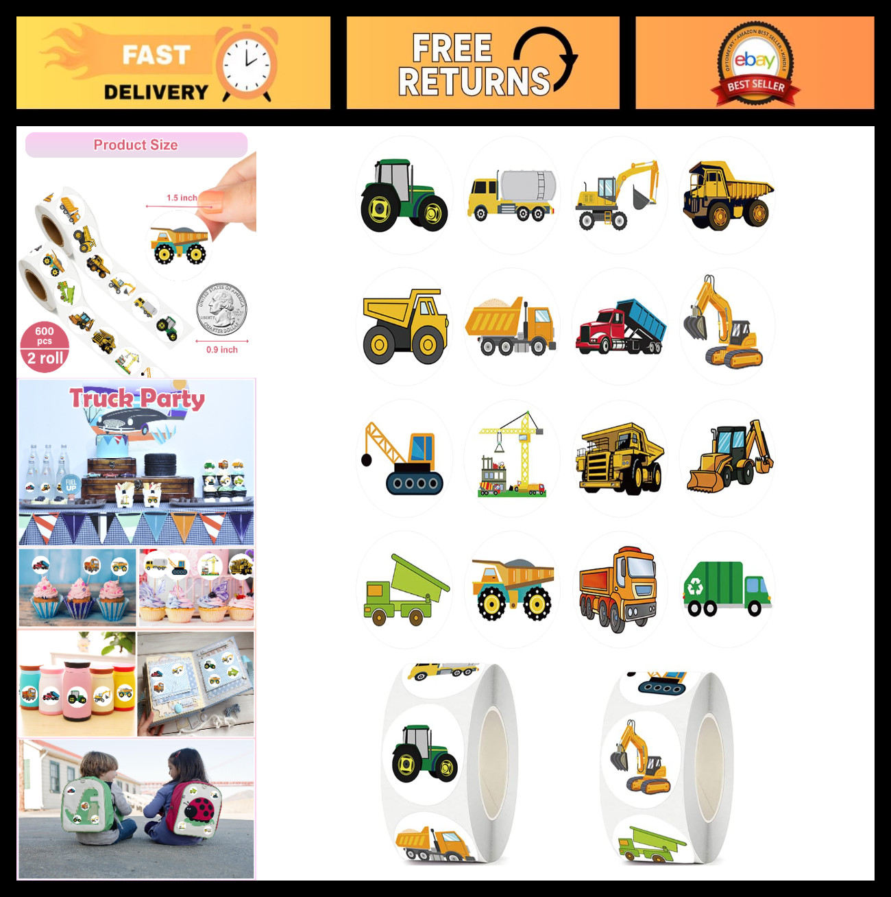600 PCS Cartoon Car Stickers – 1.5 Inch Round, 16 Styles, Kids Party Favors, Sch