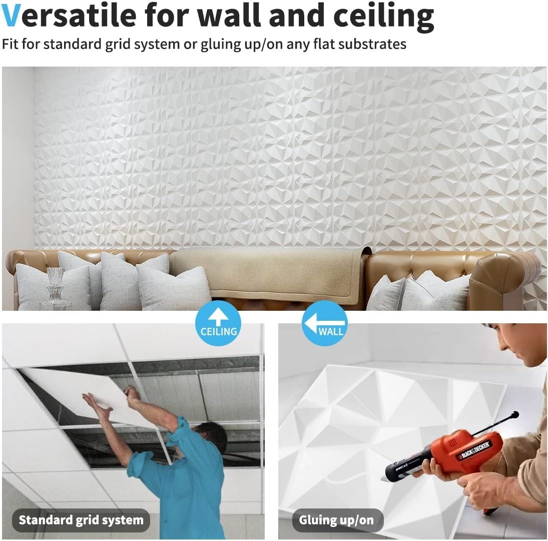 Decorative 3D Wall Panels in Diamond Design, 11.8"x11.8" Matt White 33 Pack