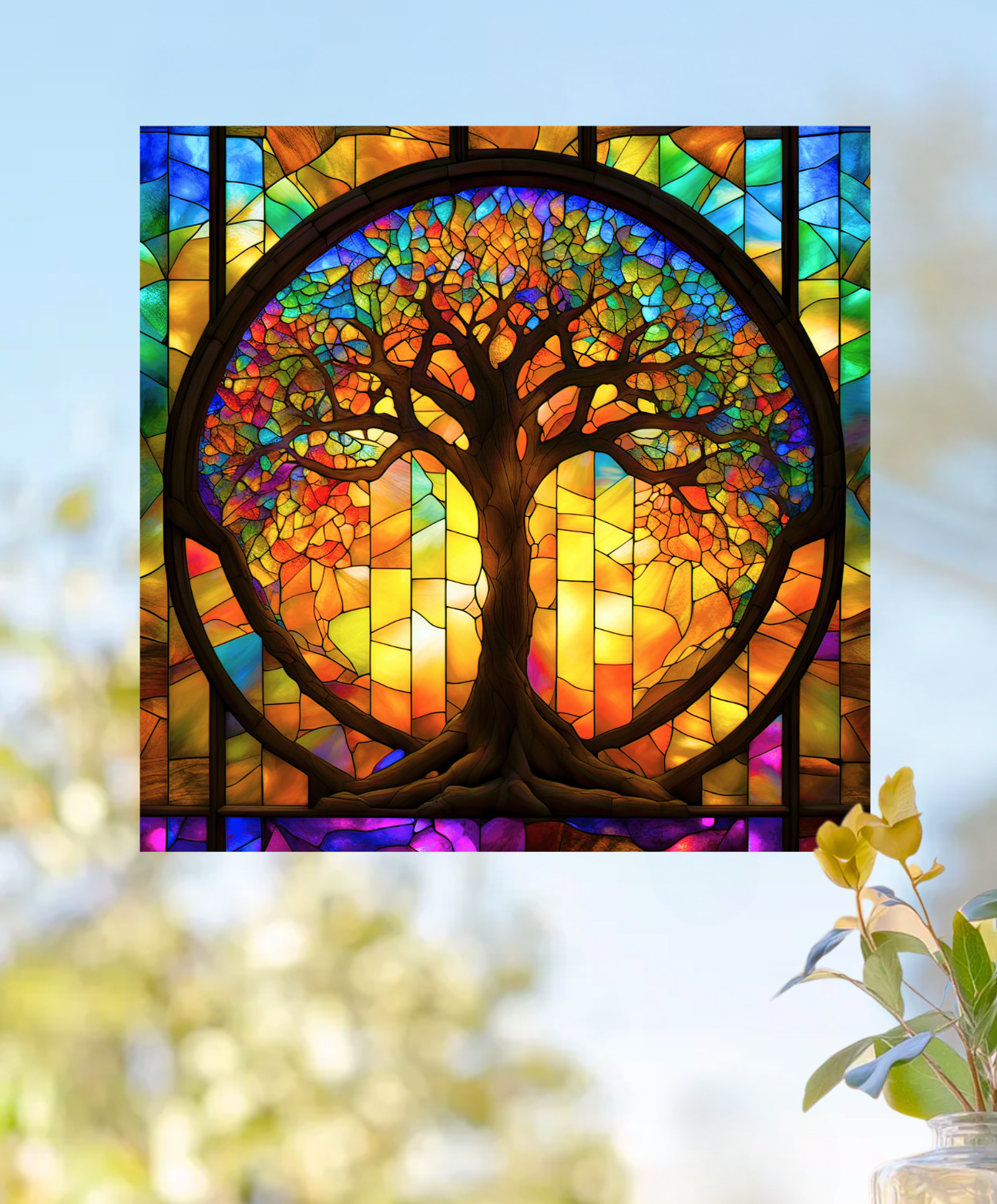 Tree of Life ~ Faux Stained-Glass WINDOW CLING Size 8" Square Vinyl