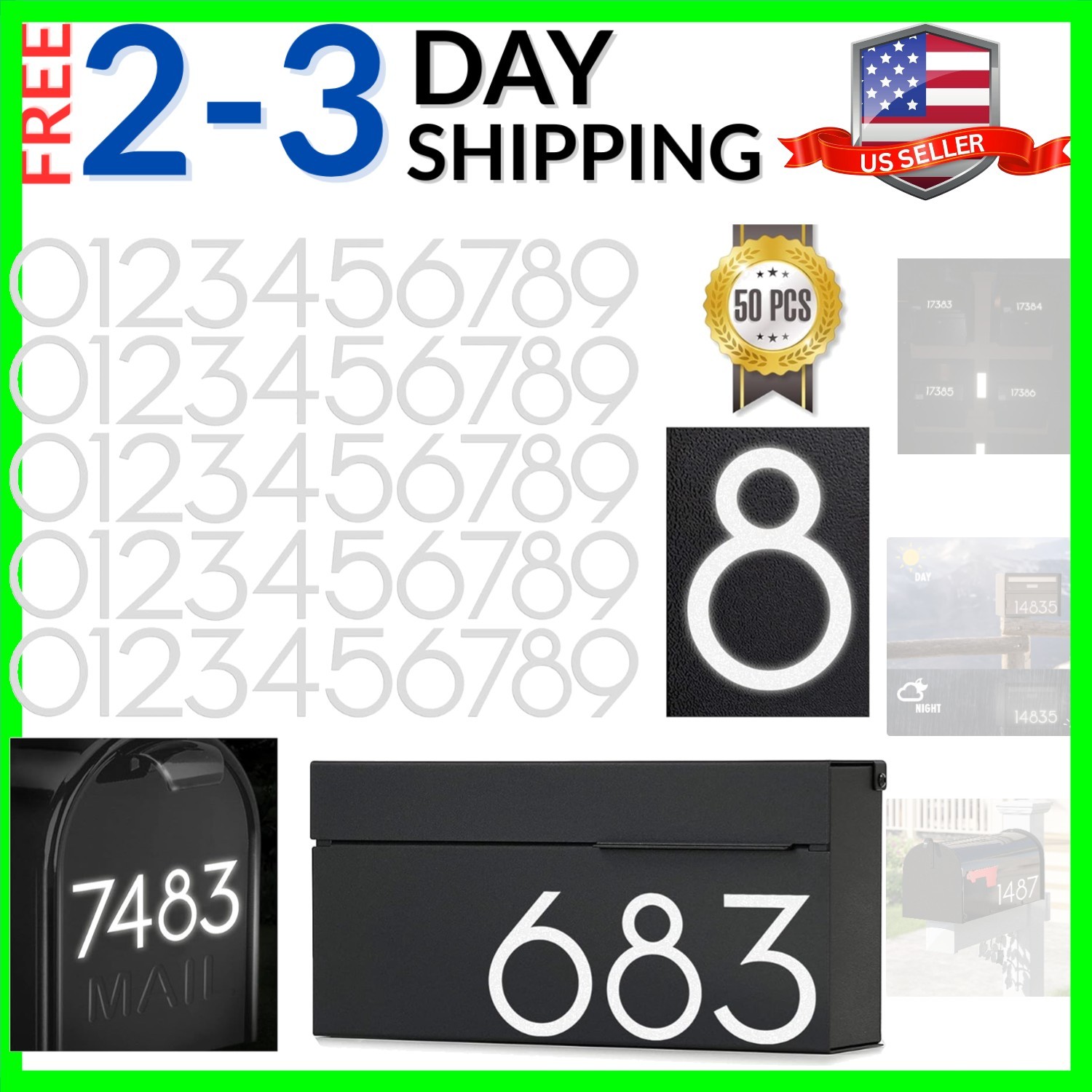 4 inch Reflective Mailbox Numbers Sticker 0-9, 5 Sets Modern Number Vinyl Wat…