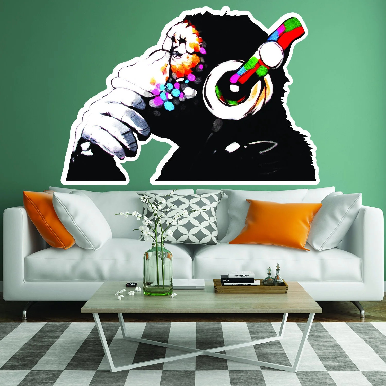 Artist Monkey With Headphones Wall Sticker – Large Bansky Thinking Dj Chimp