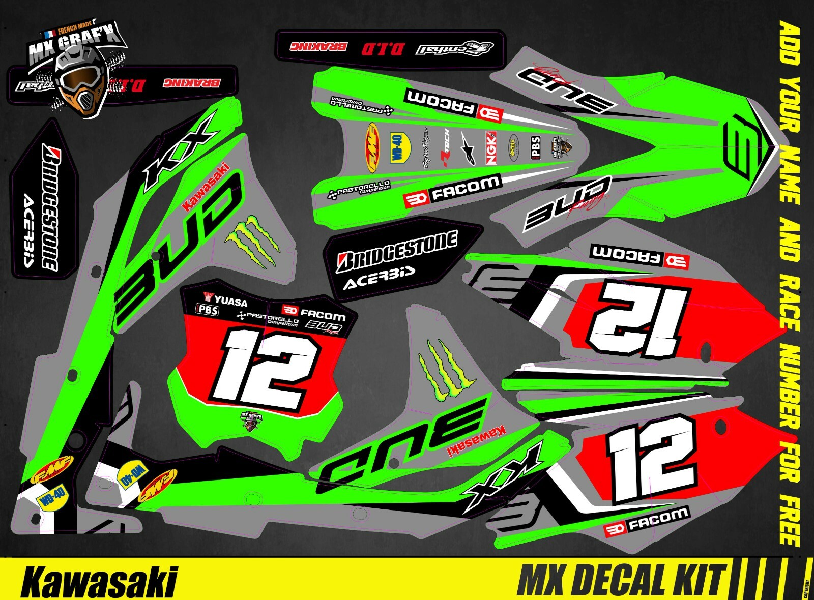 MX Decal Kit For Kawasaki KXF – Grey Bud