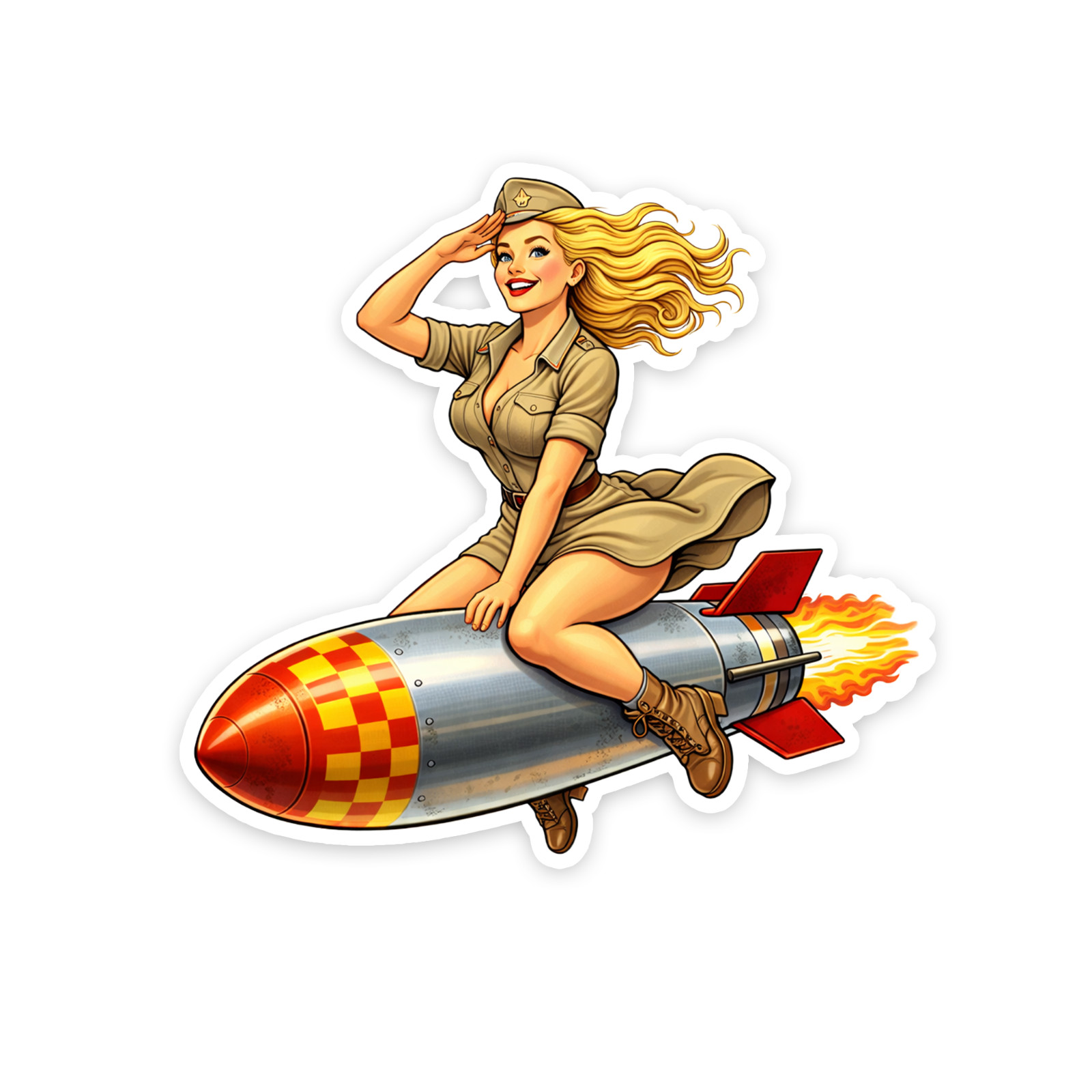WWII PinUp Girl Sticker 4 Inch Vinyl Decal Riding the Bomb USA