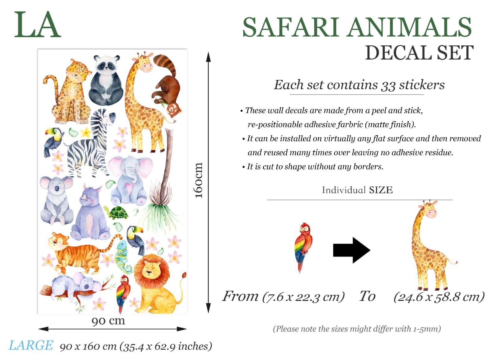 Safari African Animals Giraffe Lion Zebra Tiger Koala Jungle nursery wall decal