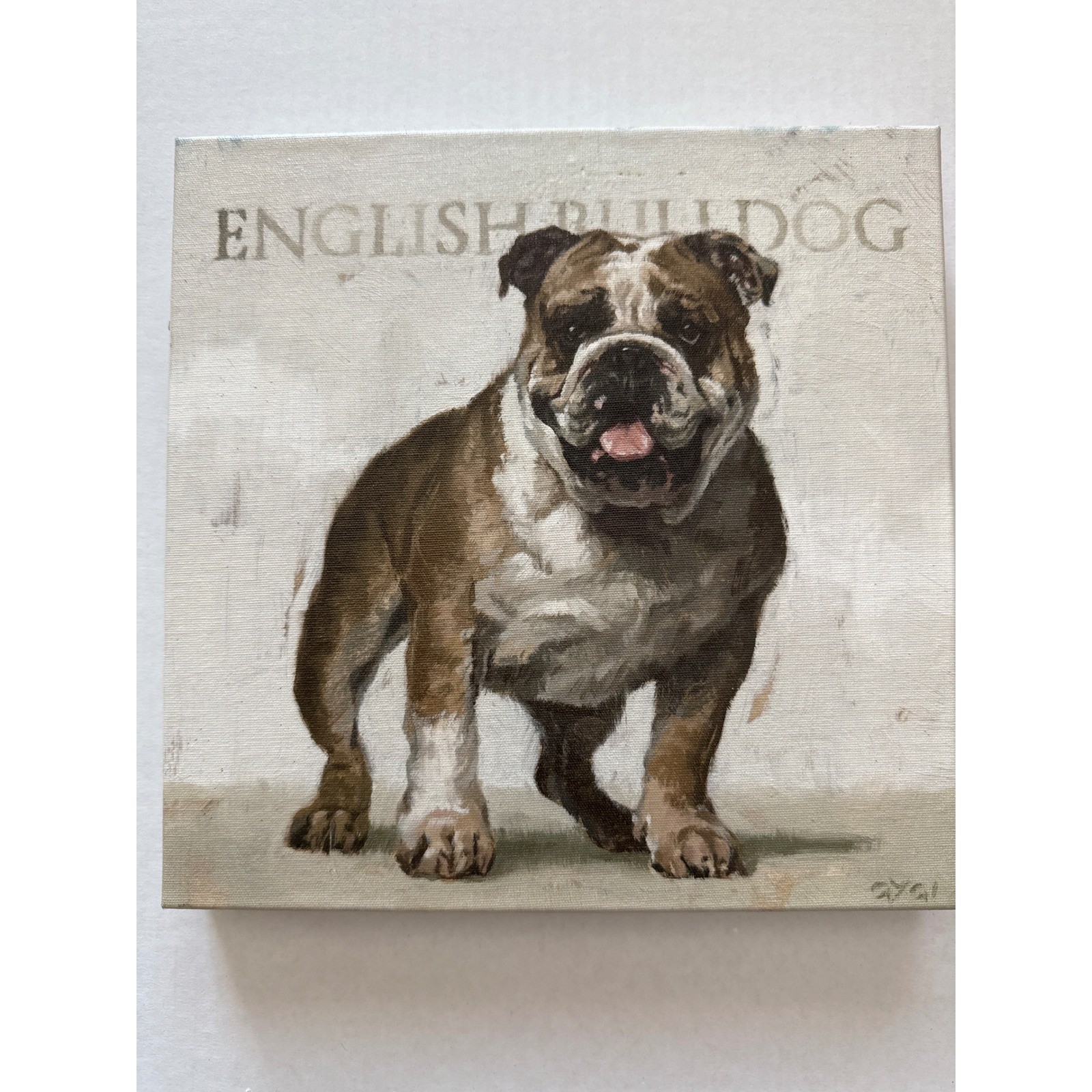 English Bulldog 9"x 9" Wrapped Canvas Wall Hanging/Shelf Sitter Made in USA