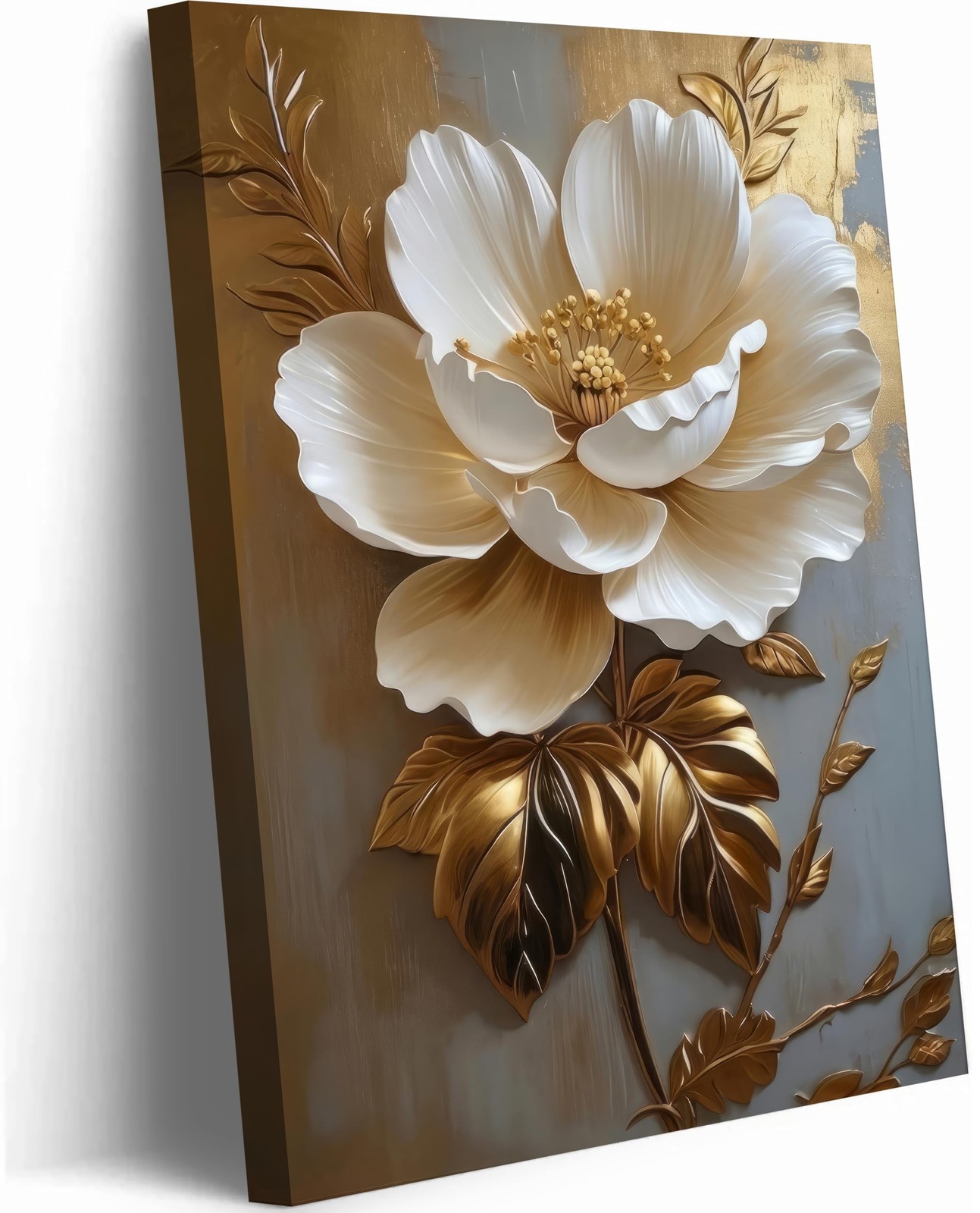 Flower Pictures Canvas Wall Art White Gold Flowers Elegant Wall Decor Picture…