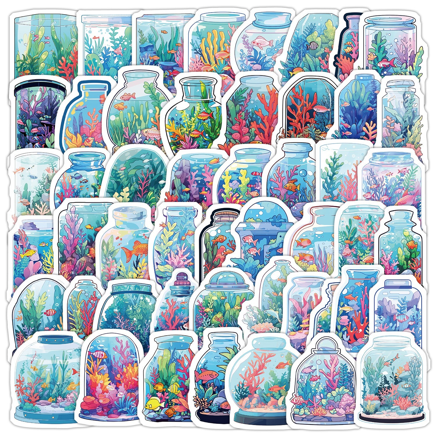 50 Pcs Stickers Fish Bowl Mini Aquarium Luggage Skateboard Phone Laptop Vinyl