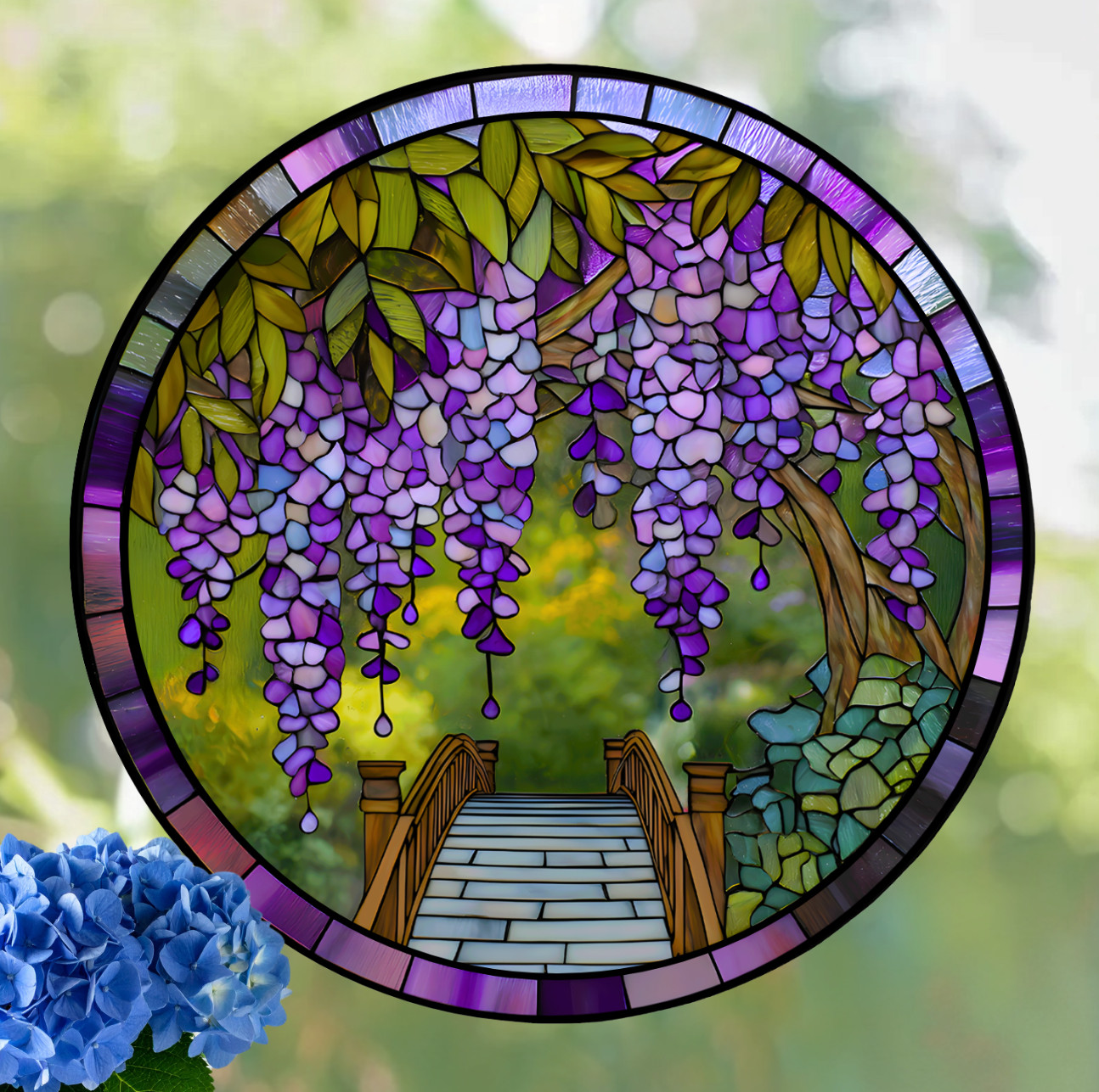 Wisteria Flowers Faux Stained-Glass WINDOW CLING Size 8" Round Vinyl
