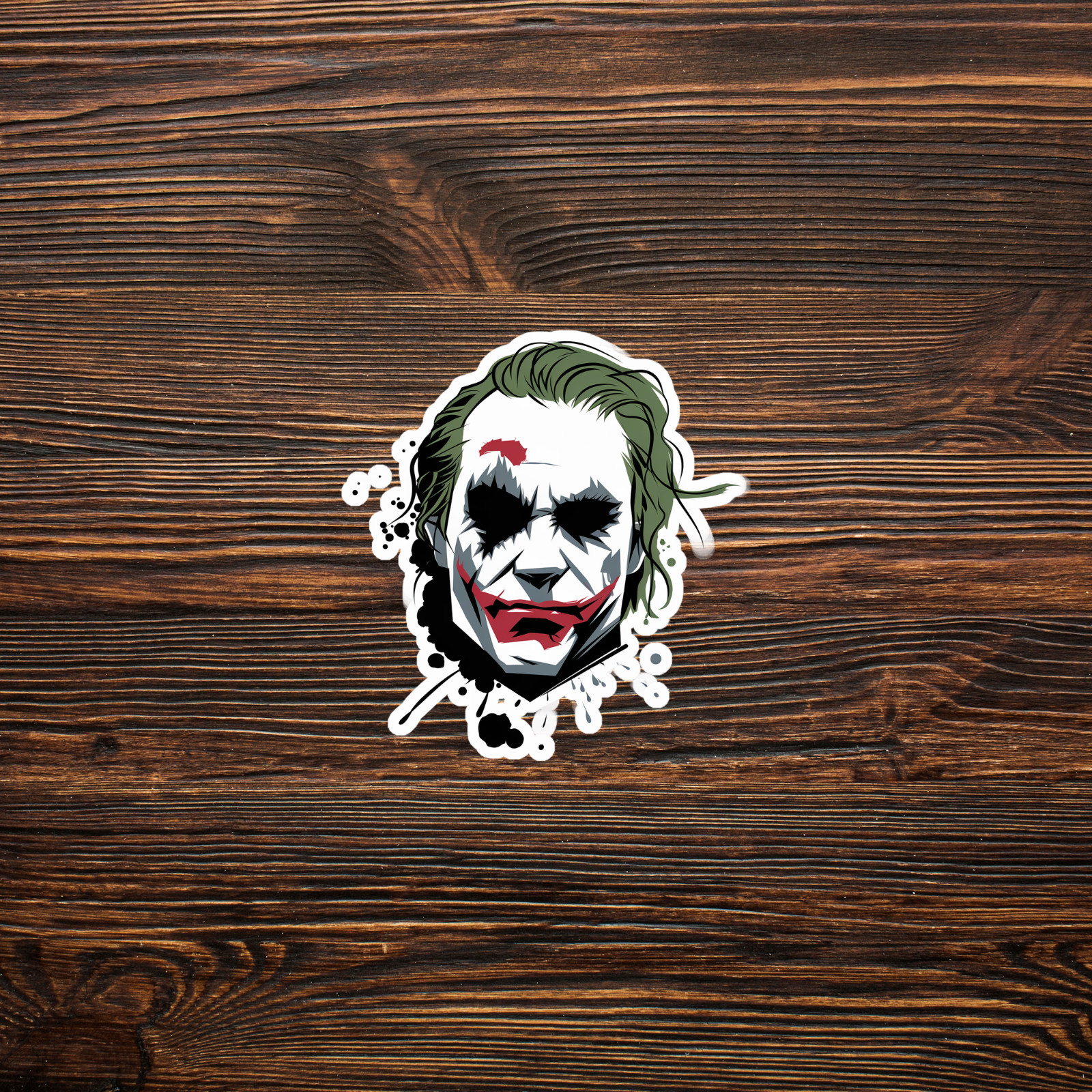 Creepy Smiling Joker Face Sticker – Villain Green Hair Red Lips Black Ink Splatt