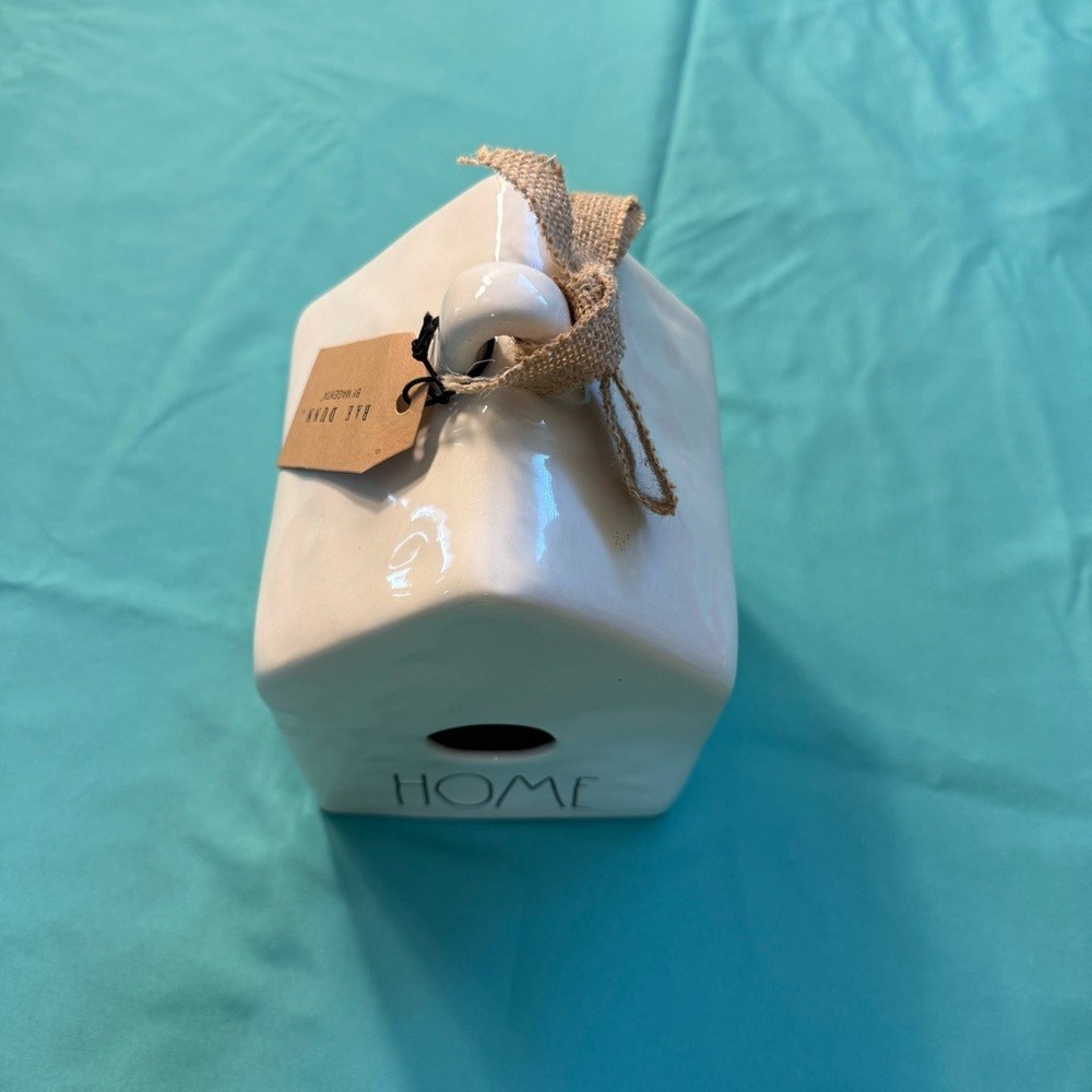 NEW in box Rae Dunn HOME White Ceramic Birdhouse Ribbon patio lawn garden