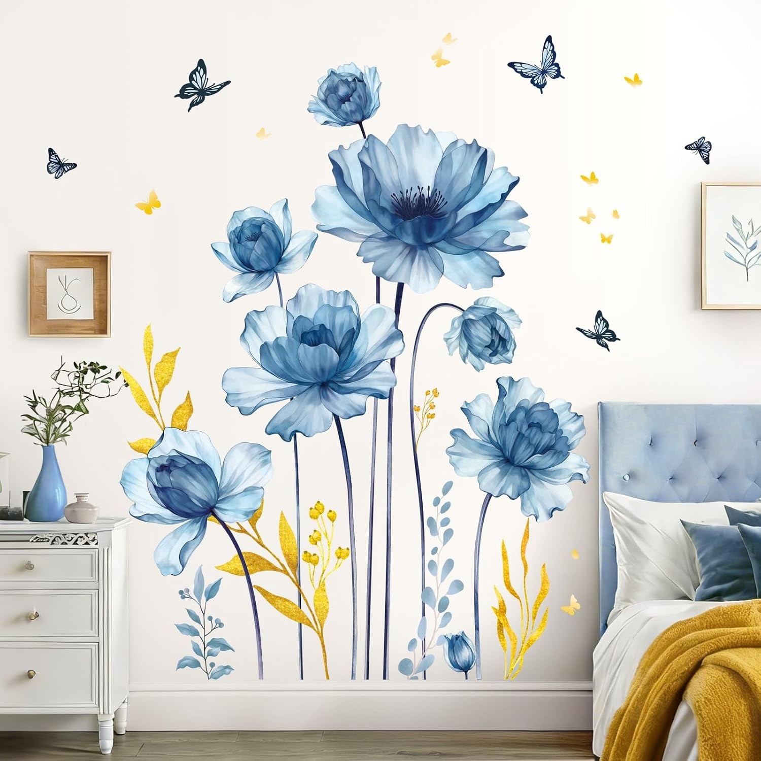 Blue Floral Gold Leaf Wall Decals Stickers for Living Room Bedroom Home Decor