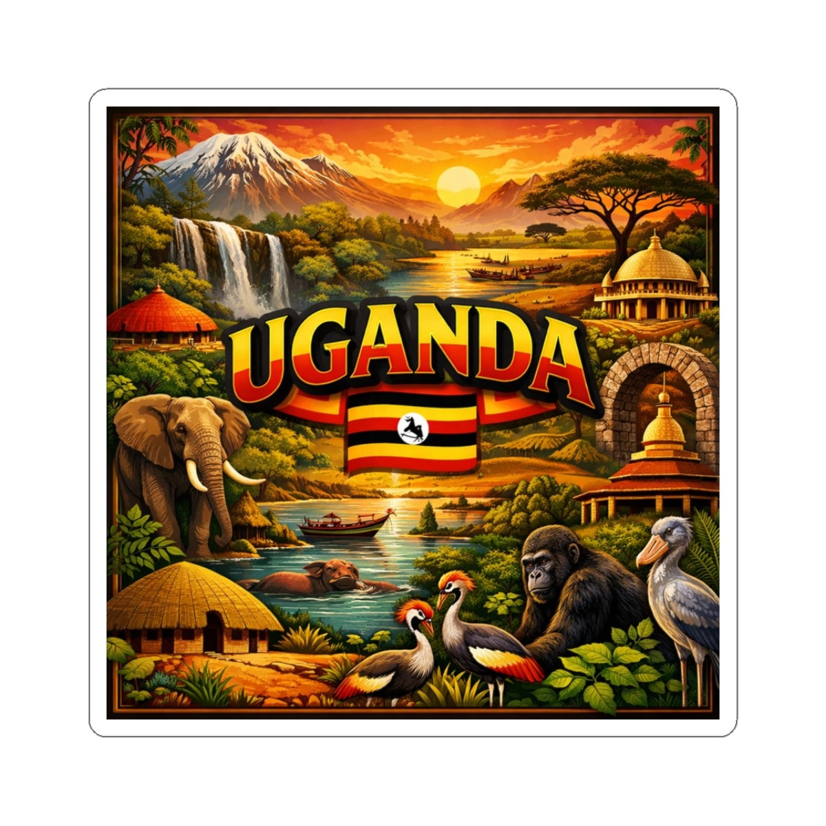 Uganda Sticker | African animals, flag, safari scene, travel souvenir