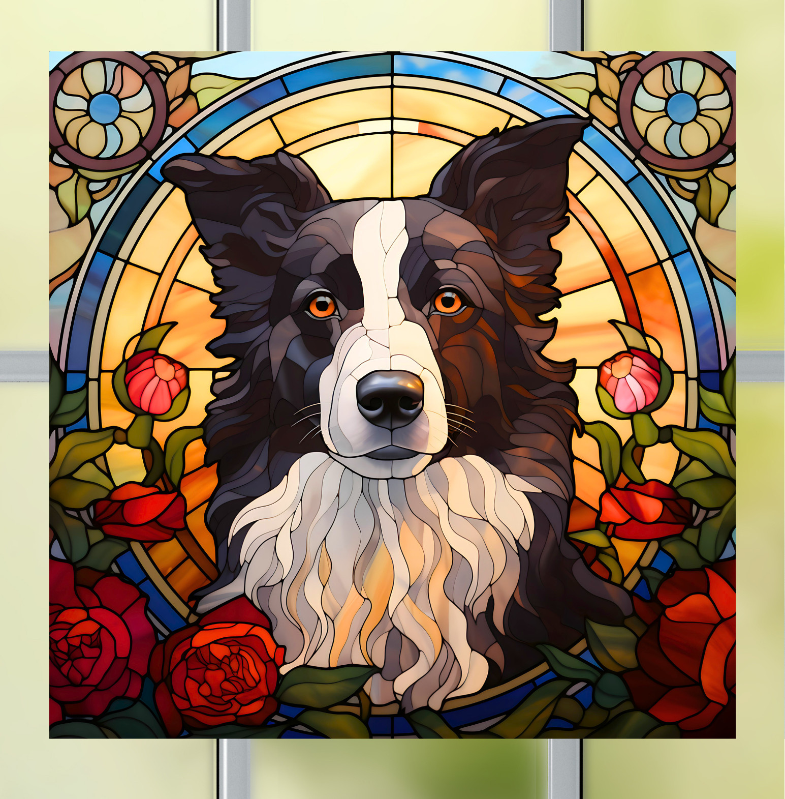 Border Collie Dog Faux Stained-Glass WINDOW CLING Size 8" Square Vinyl