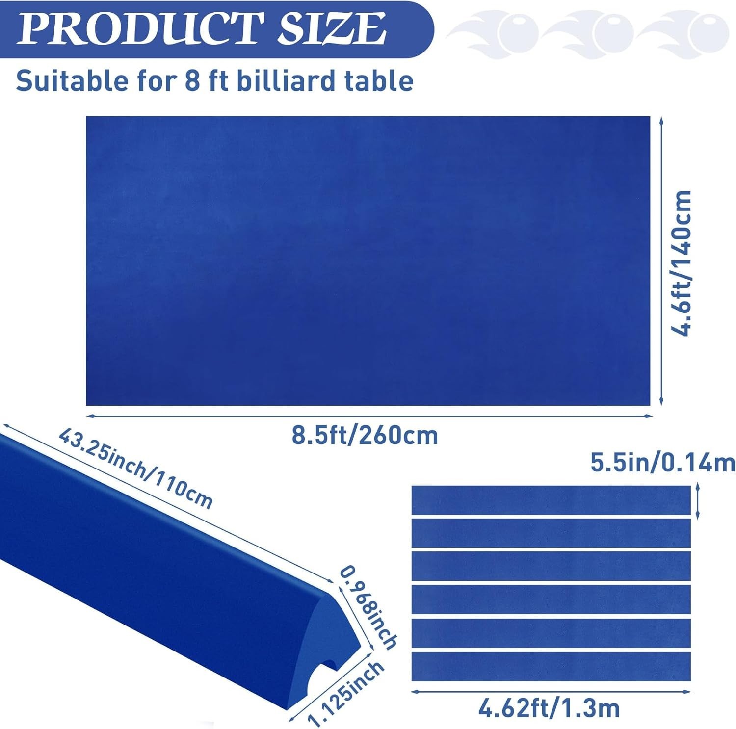 Billiard Cloth for 8 ft Pool Table Pre Cut Felt with 6 Cloth Strips and 6 Pool T