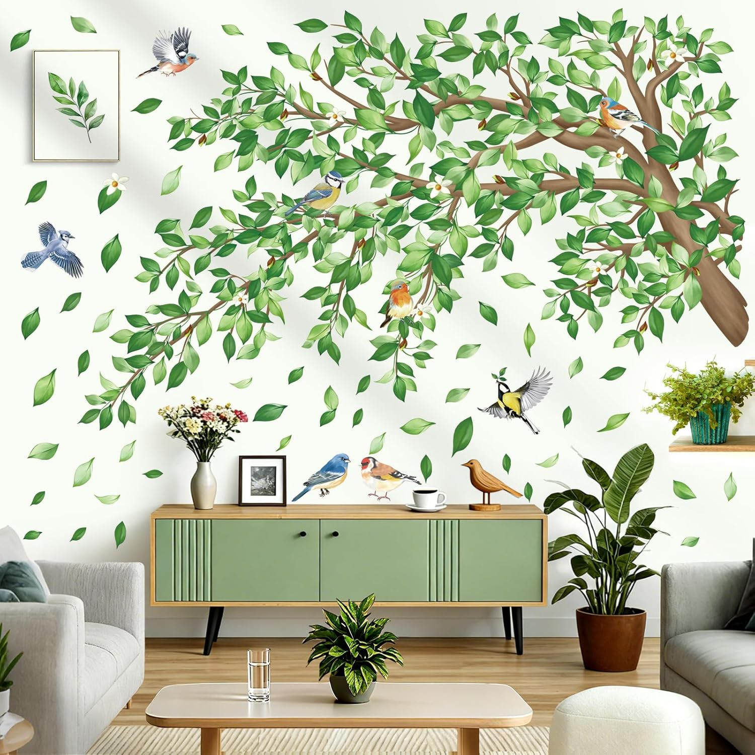 Large Green Tree Branch Wall Decals Green Leaves Floral Wall Stickers Bedroom Li
