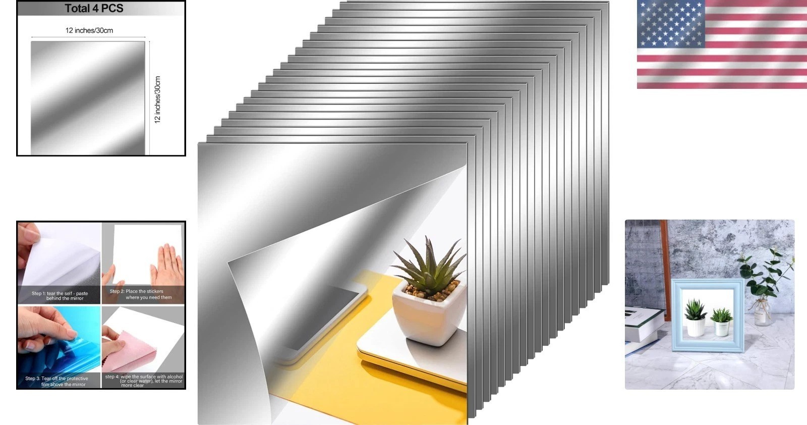 Flexible Self-Adhesive Mirror Sheets – 20 Tiles, 12×12 Inches for Home Elegance