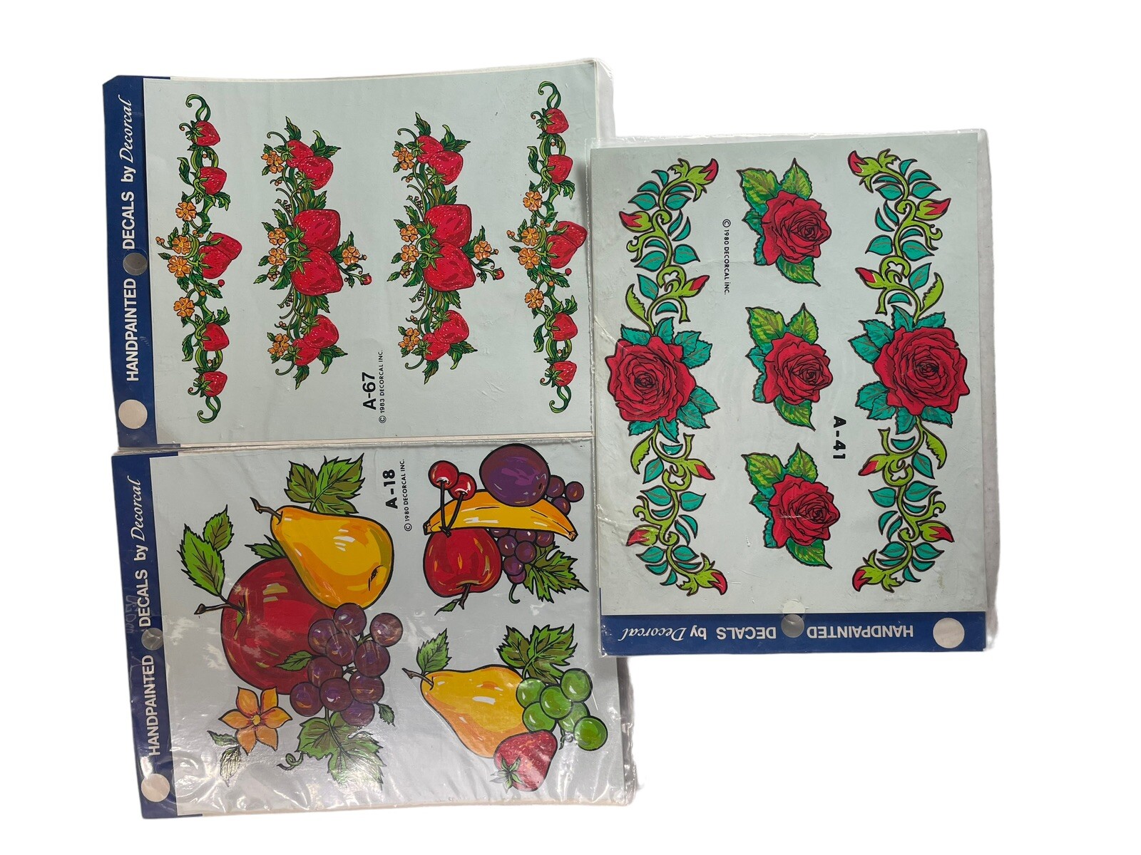 Vintage Roses Fruit Strawberry Decals Decoral Hand Painted 1980 Metal Wood Craft