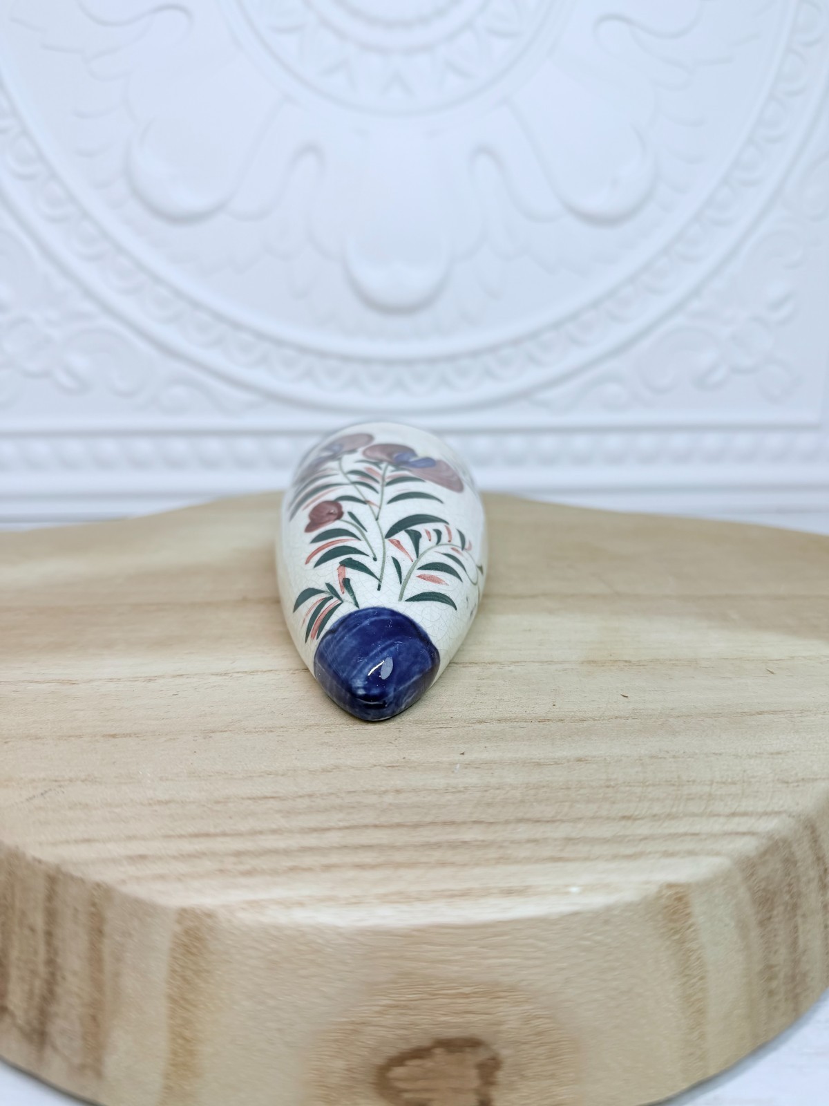 Vintage Japanese Pottery Wall Pocket Vase Floral Hand Painted Blue Pink Japan