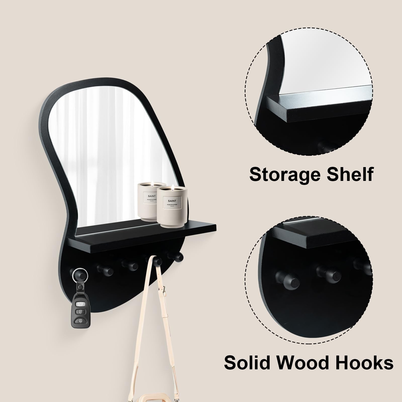 SANY DAYO HOME Wall Mount Wood Frame Irregular Mirror with 5 Wooden Hooks and…