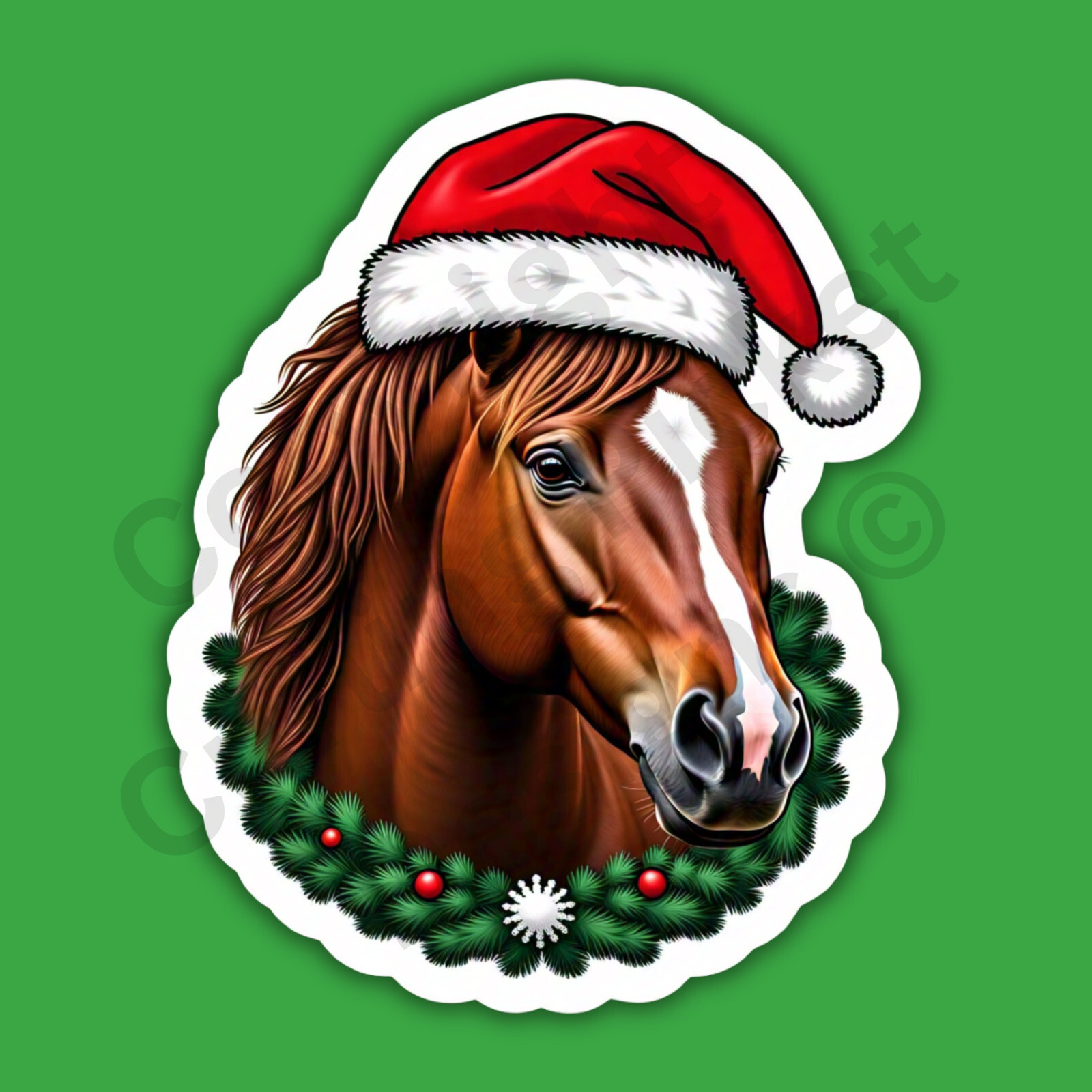 Christmas Horse Farm Animal Santa Hat Garland Cute Funny 3" Vinyl Sticker