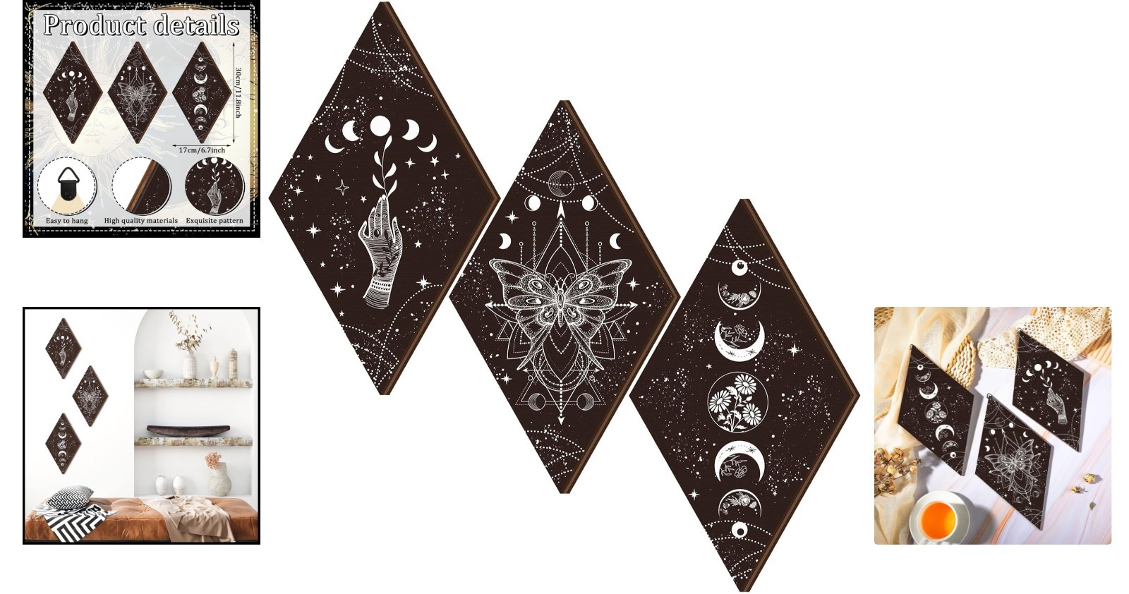 Unique Butterfly & Moon Phase Wall Decor – 3-Piece Rustic Art Set for Any Room