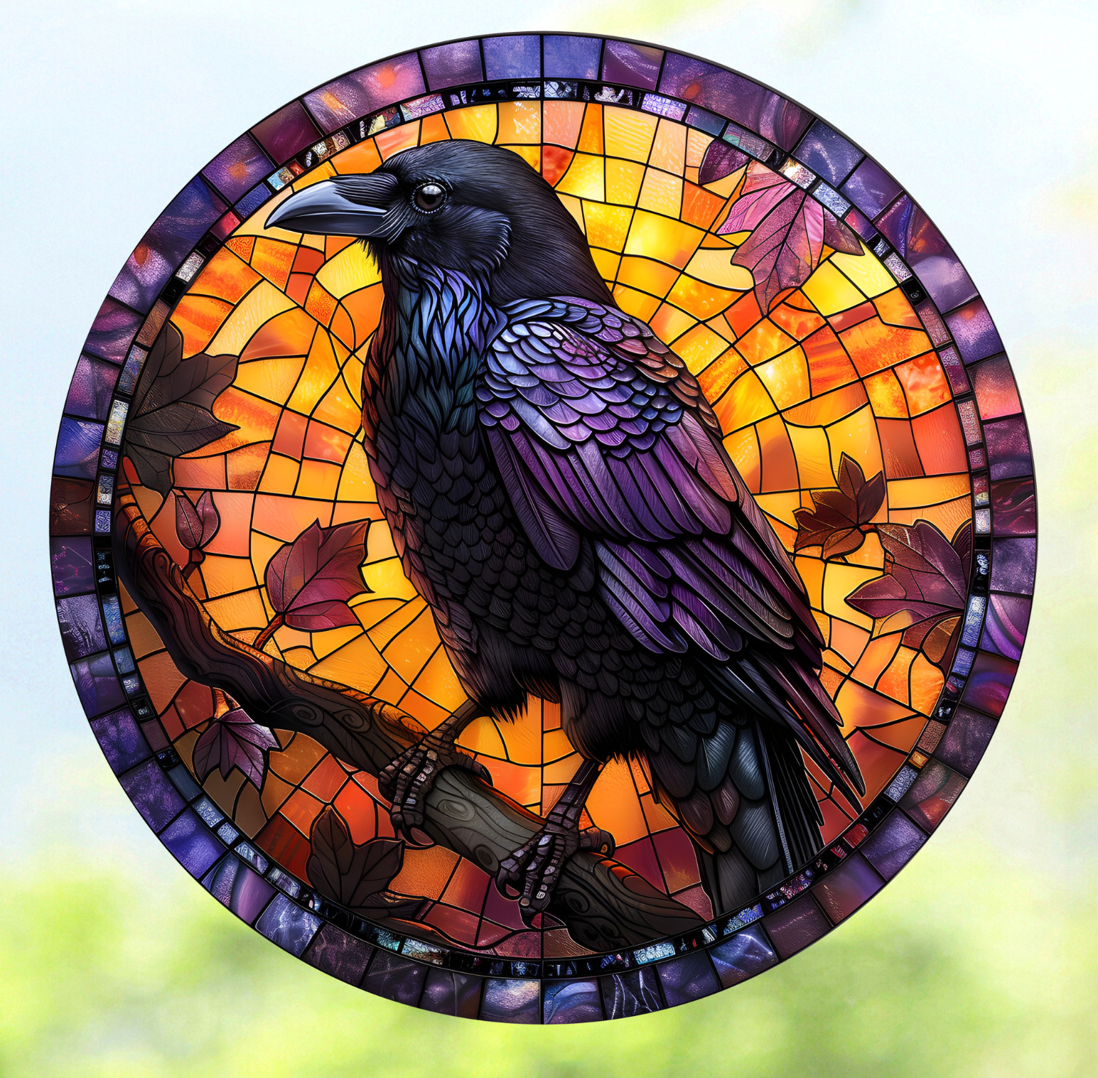 Raven Faux Stained-Glass WINDOW CLING Sun-catcher Size 8" Round Vinyl