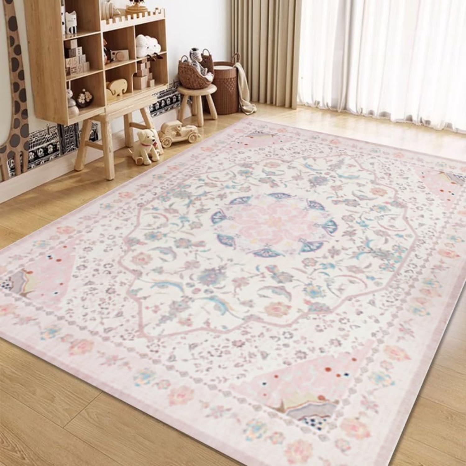 Area Rug – Vintage 5×7 Non-Slip Backing Area Rugs Light Pink Soft Faux Wool C…