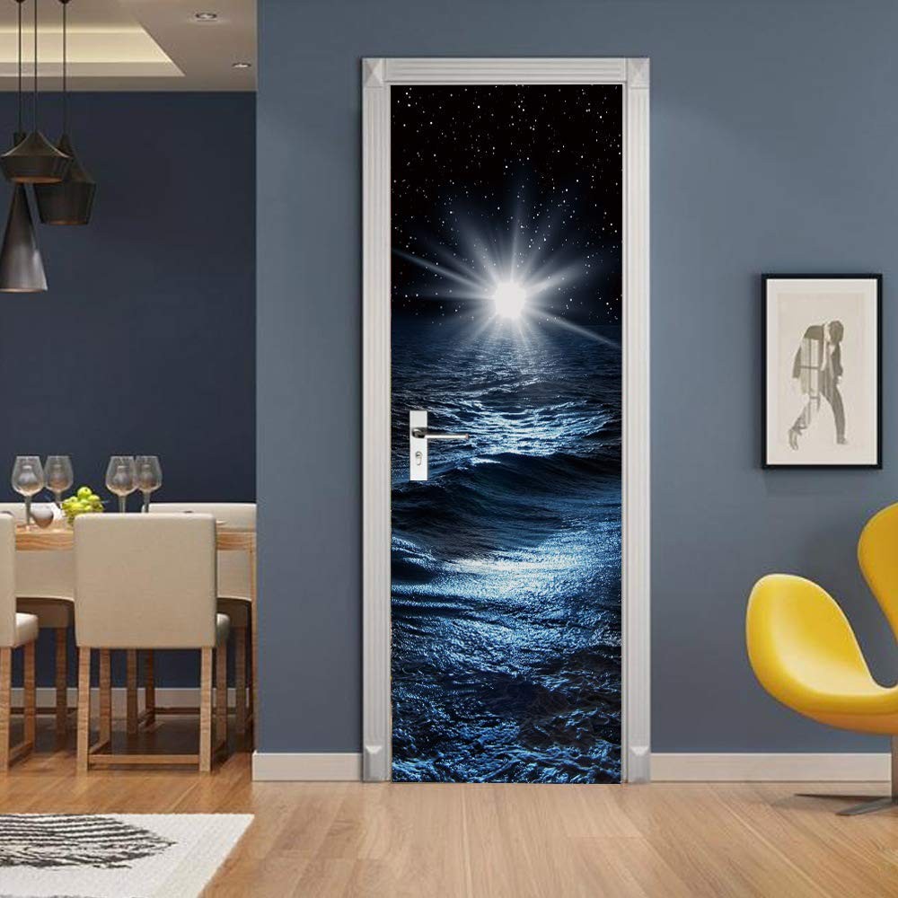 ZY-KL 3D Door Sticker Wall Decals Mural Wallpaper Galaxy Blue Starry Sky, Wat…