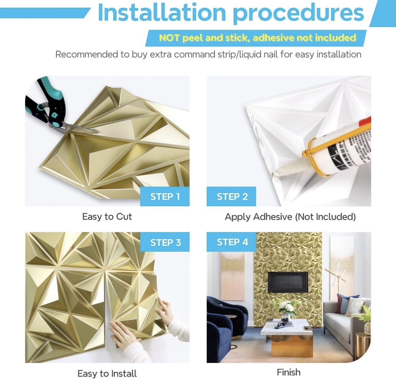 Champaign Gold 3D Diamond Wall Panels – 33 Pack, 12"x12" Decor