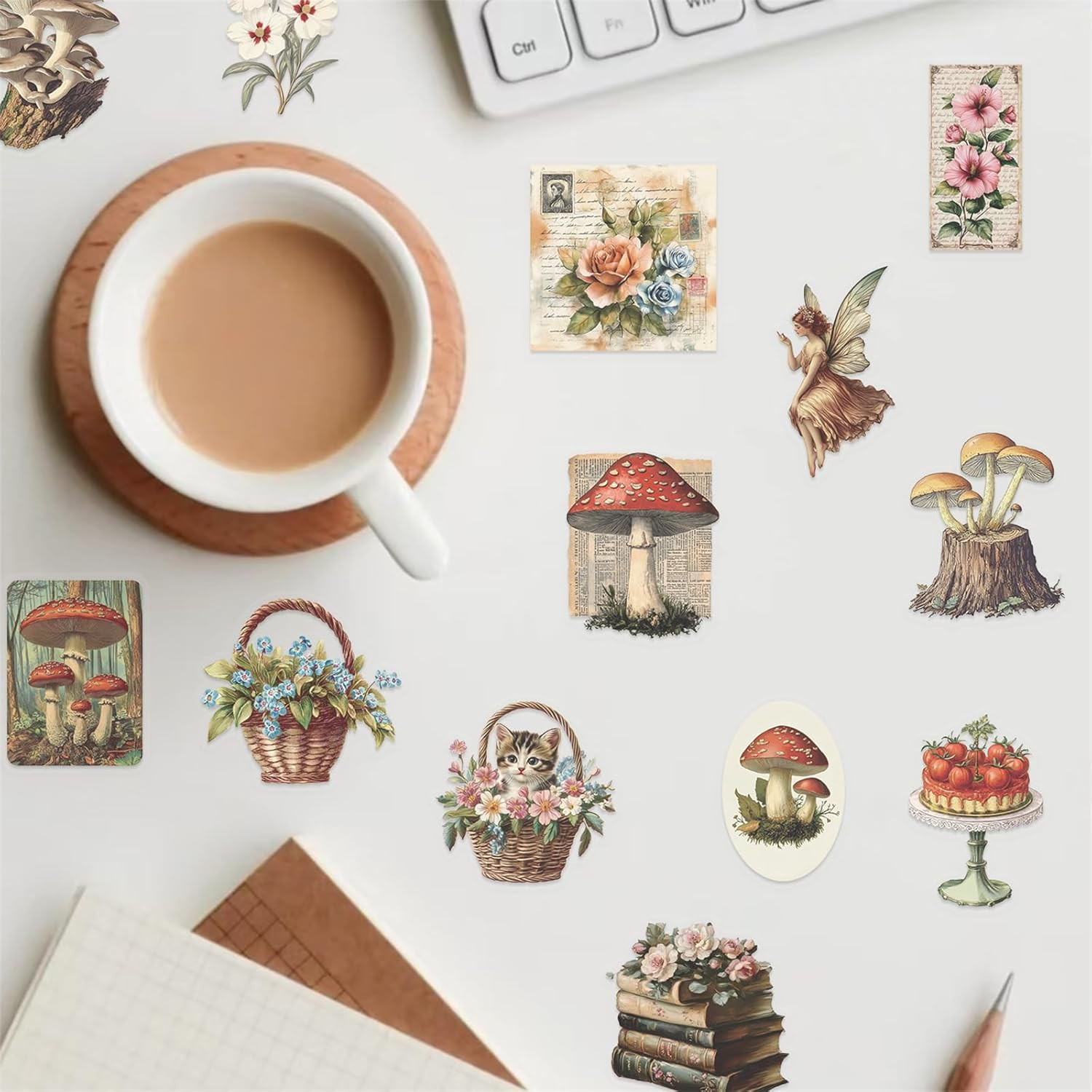 50PCS Vintage Mushroom Stickers PET Transparent Stickers Retro Flora and Fauna D